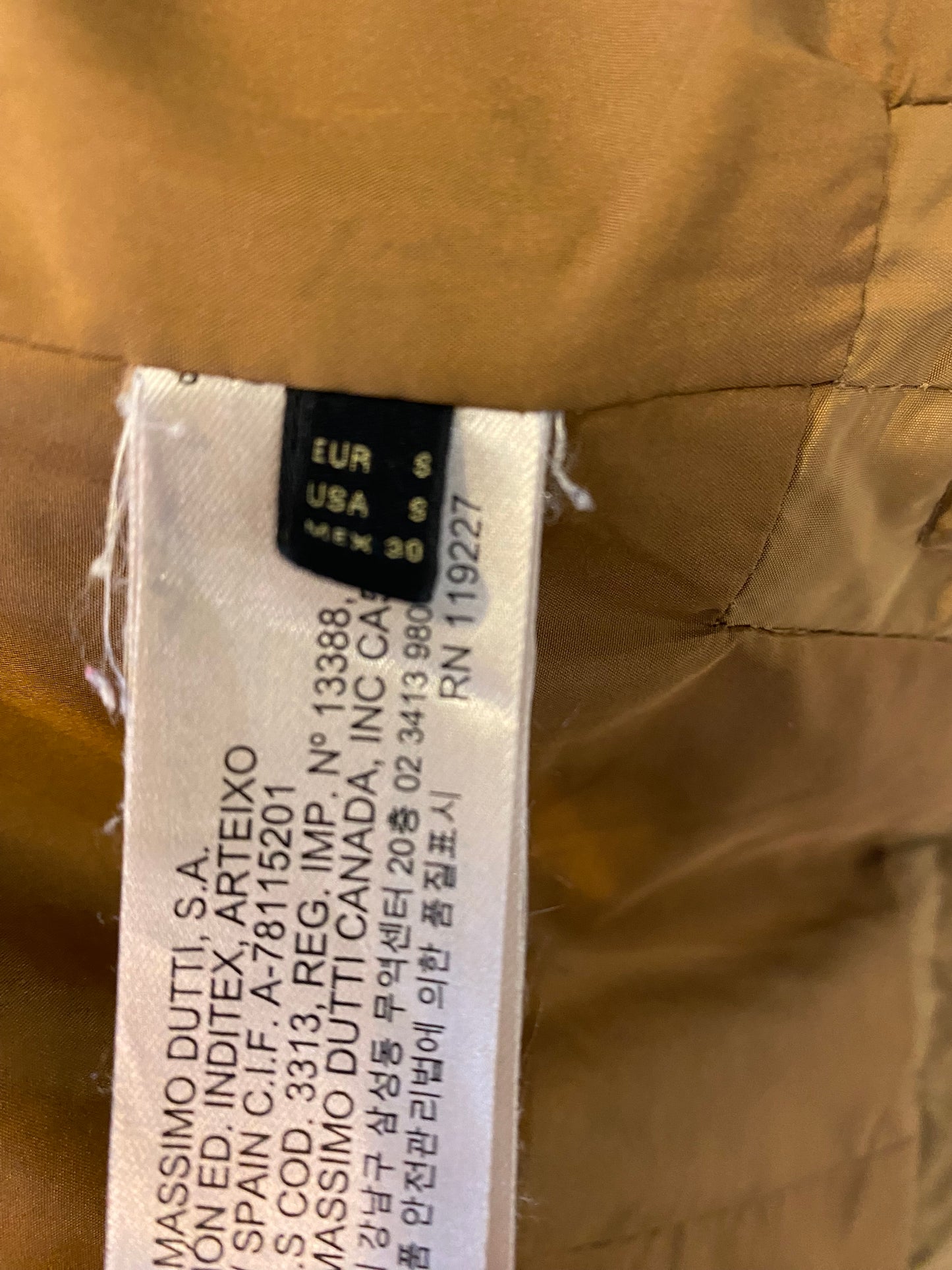 Massimo Dutti Gold Quilted Coat Size 6-8