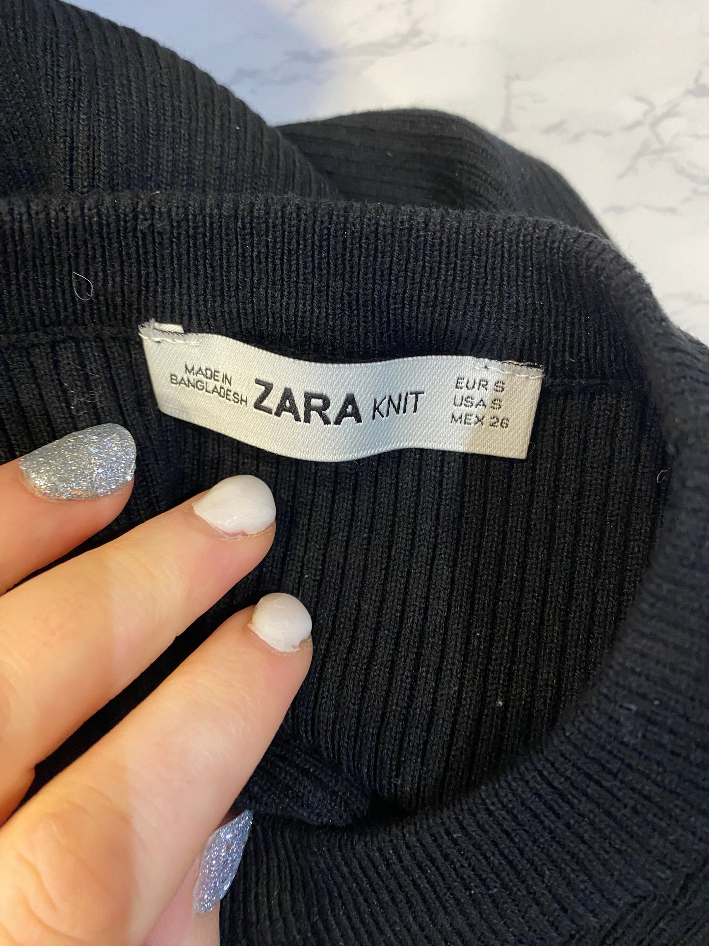 Zara Black Knit Ribbed Top with Pearl Detailing Size Small 6-8