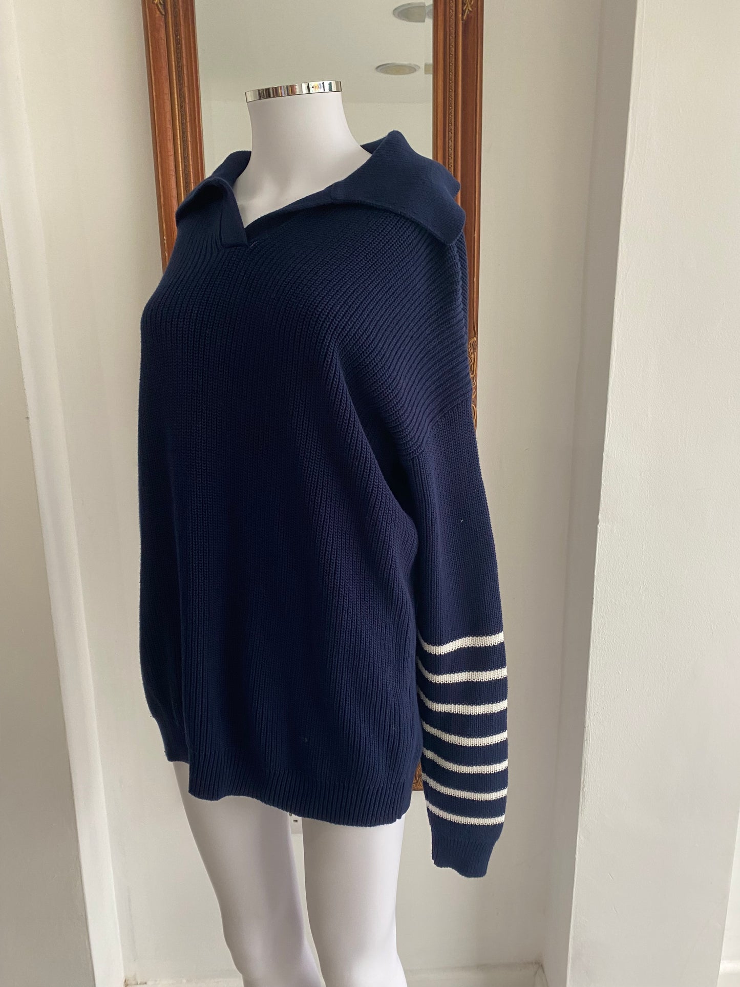 Laura Jackson Navy Jumper with Striped Sleeves Size Small 10-12