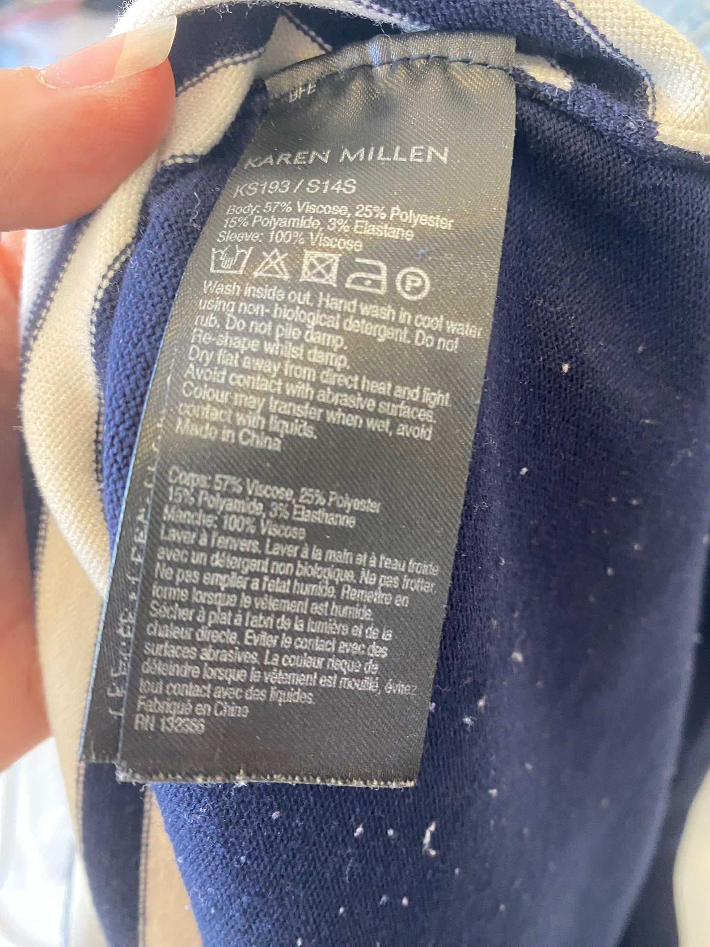 Karen Millen navy and white striped knitted dress size 8