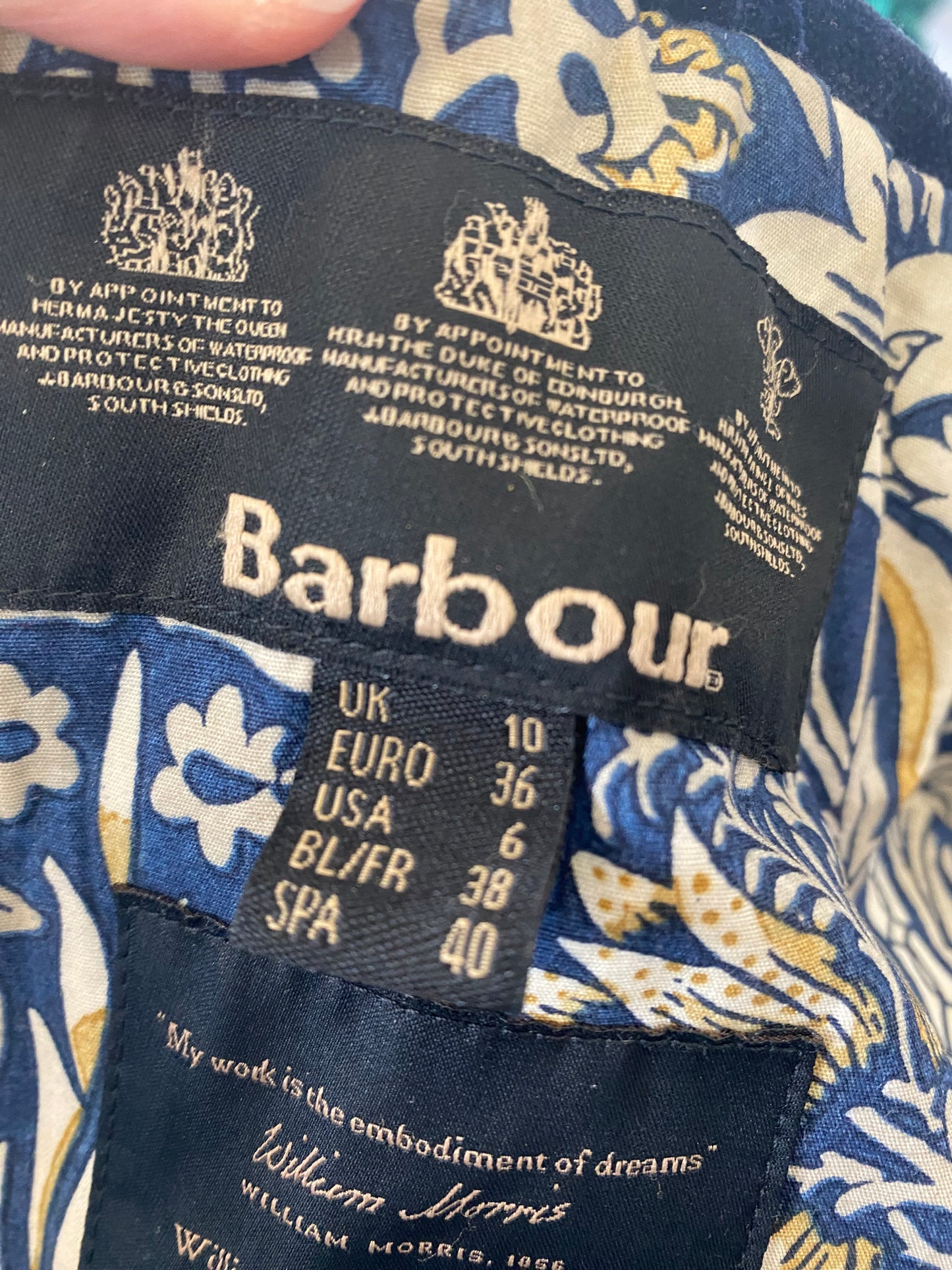 Barbour X William Morris Navy Waxed Jacket Size 10