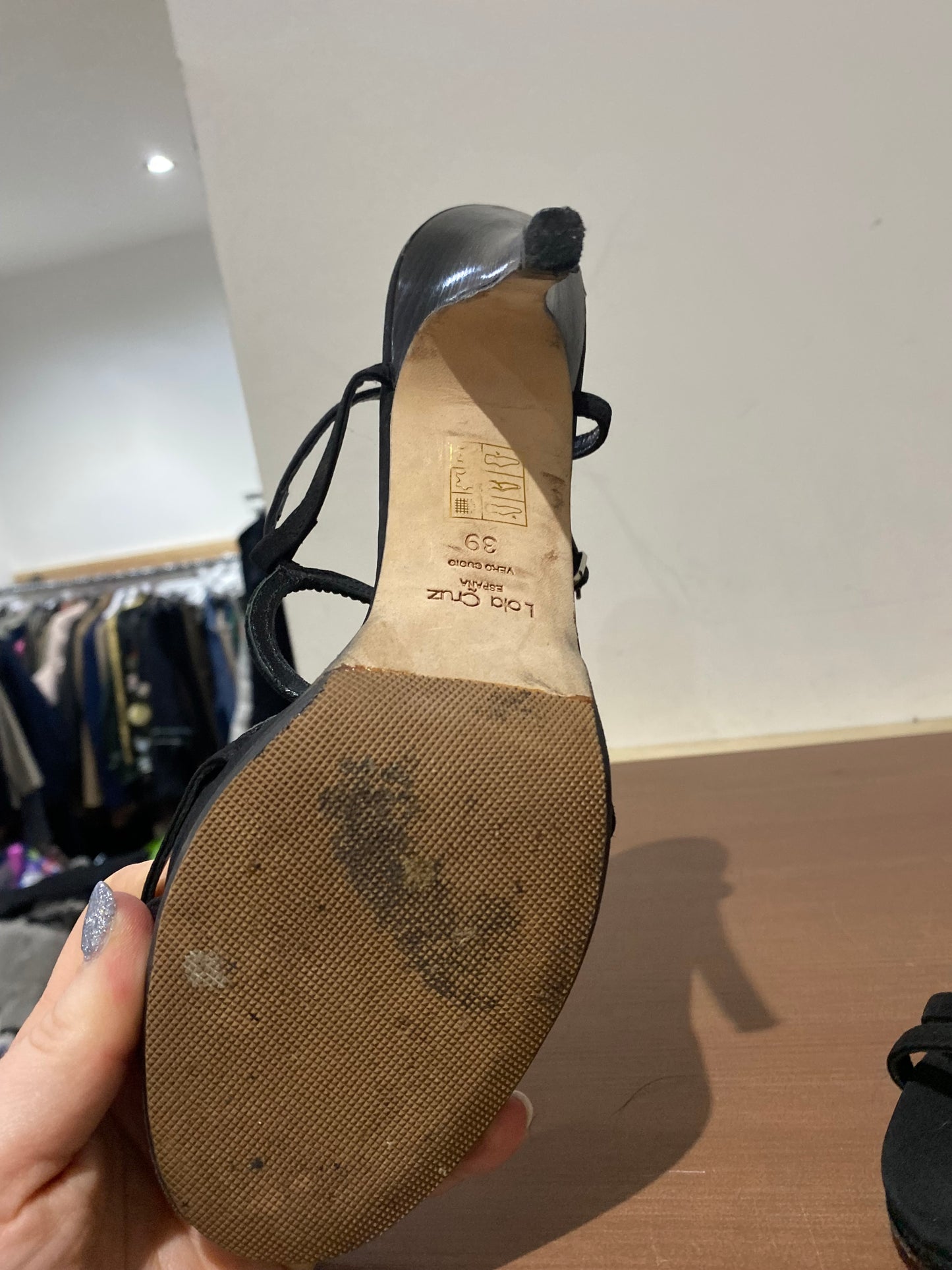 Lola Cruz Black Fabric Heeled Sandals with Diamante Circles Size 6