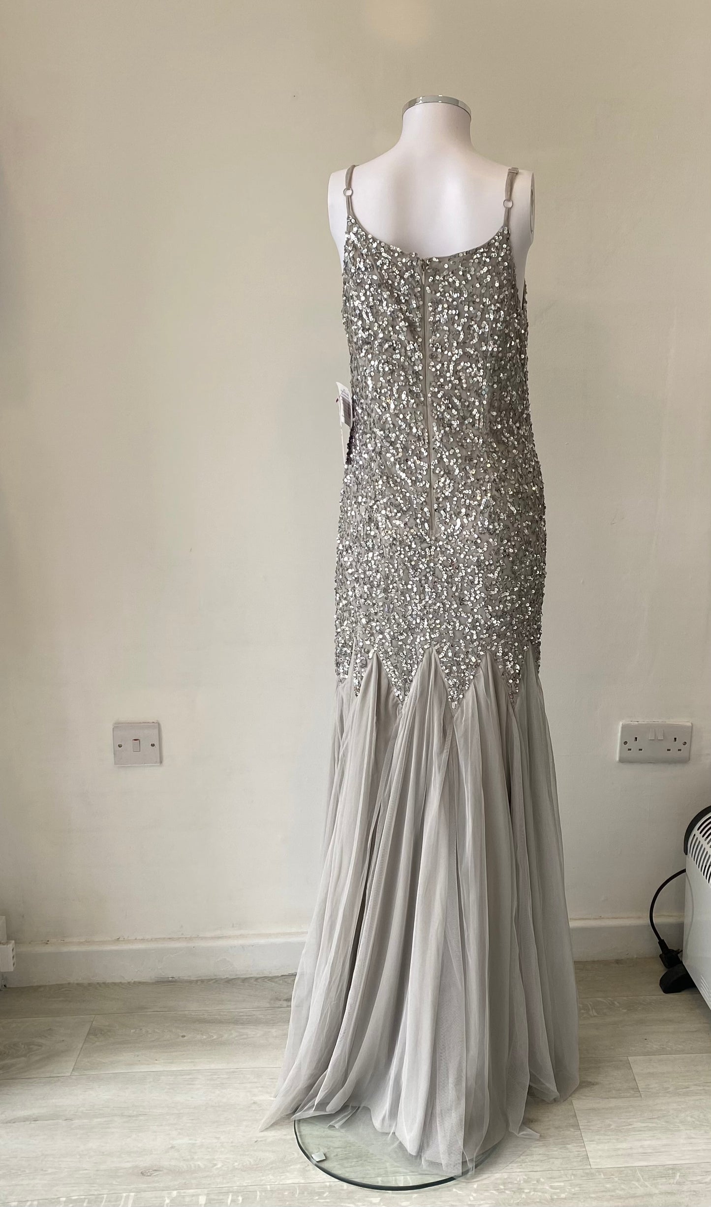 Maya Deluxe Silver Sequinned Full Length Gown Prom Dress Size 12