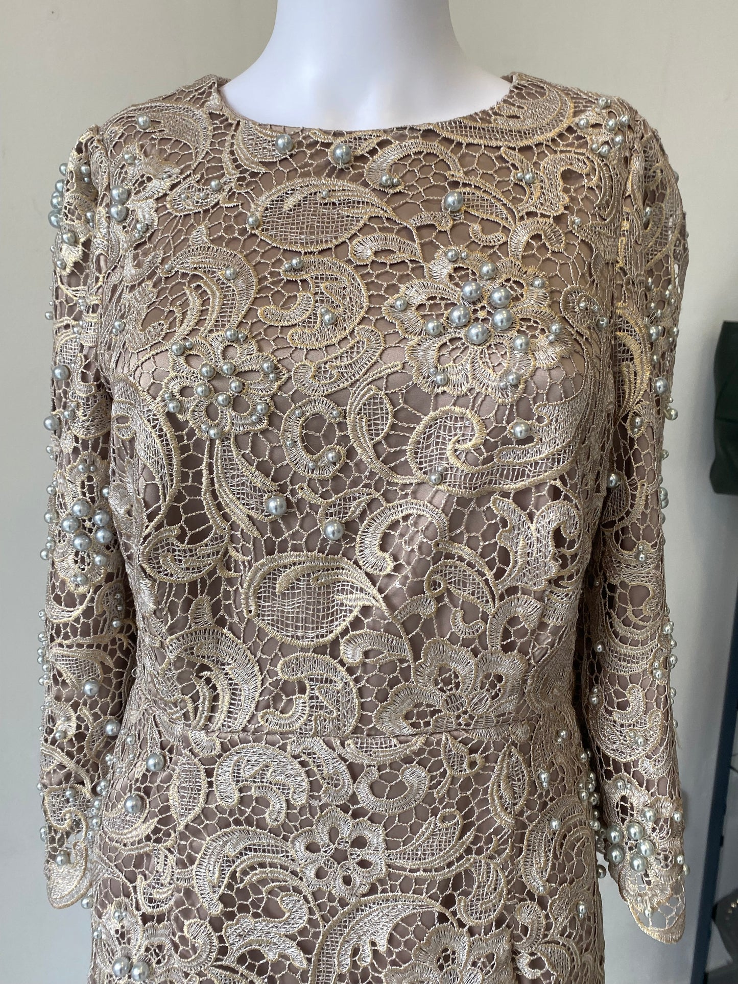 Monsoon Champagne Lace Dress with Pearl Beading Size 8