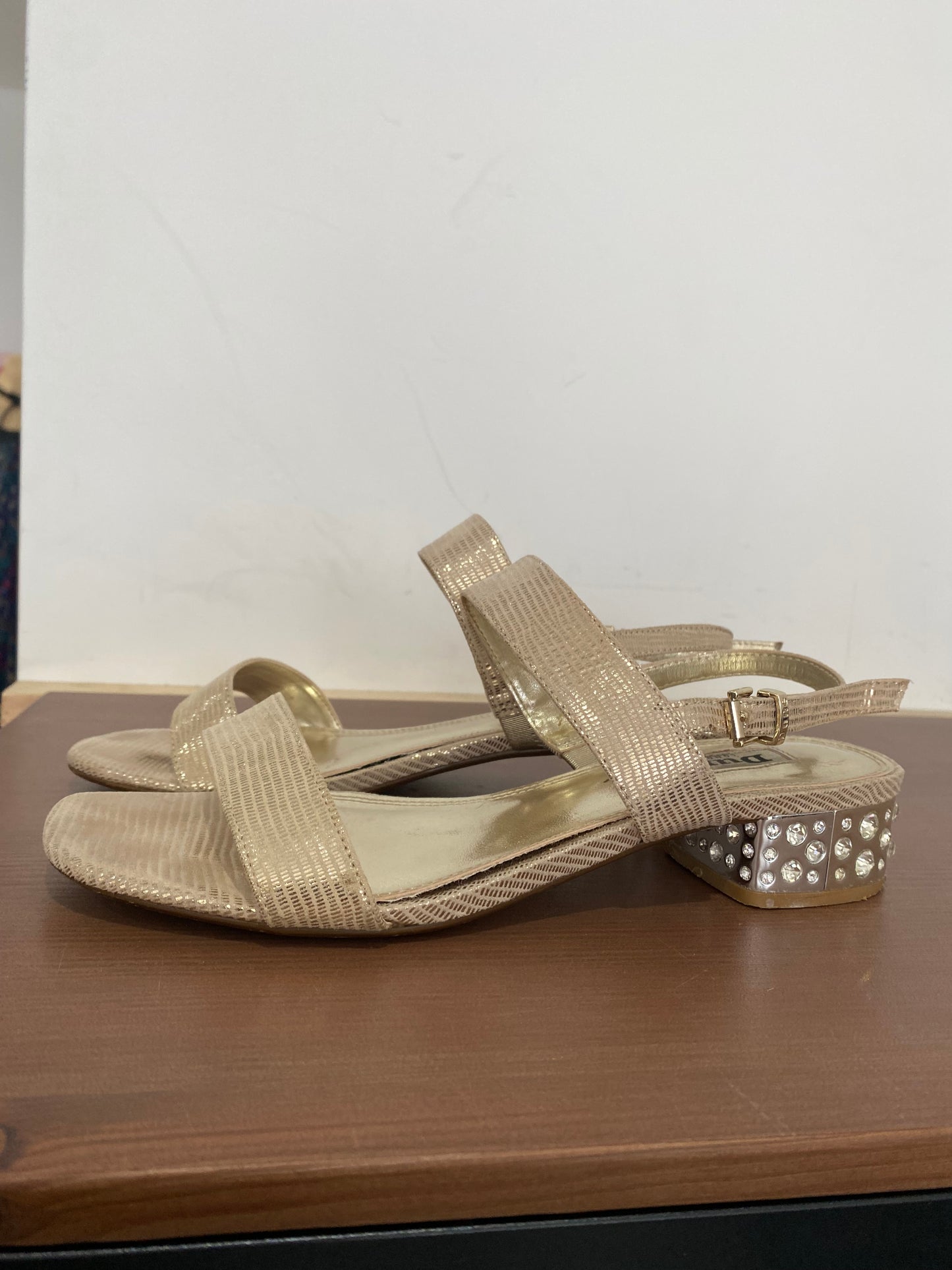 Dune Gold Shimmer Ninah Sandals with Diamante Block Heels Size 6