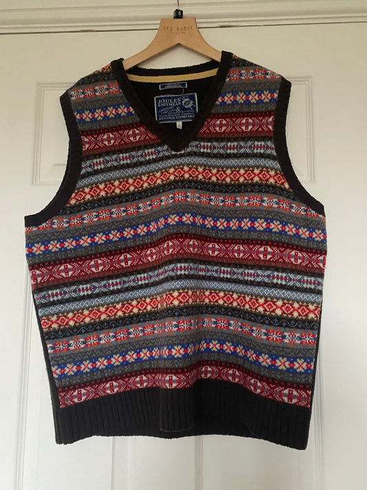 Joules Brown Lambswool Fairisle Knitted Vest Size XL