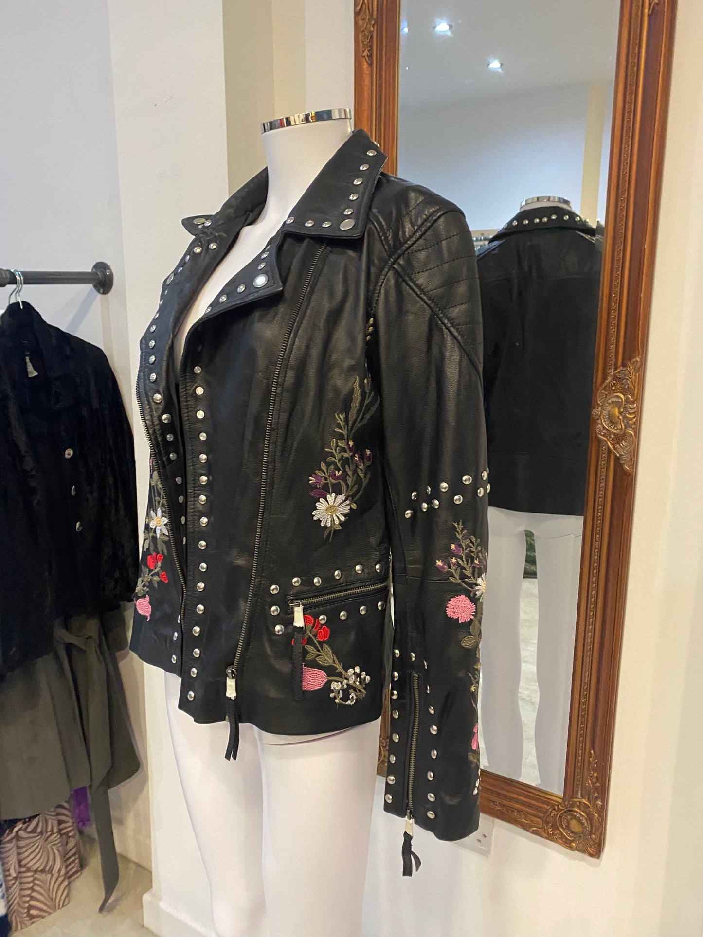 Rokoko Black Leather Jacket with Floral Embroidery and Studs Size 8-10 New with Tags