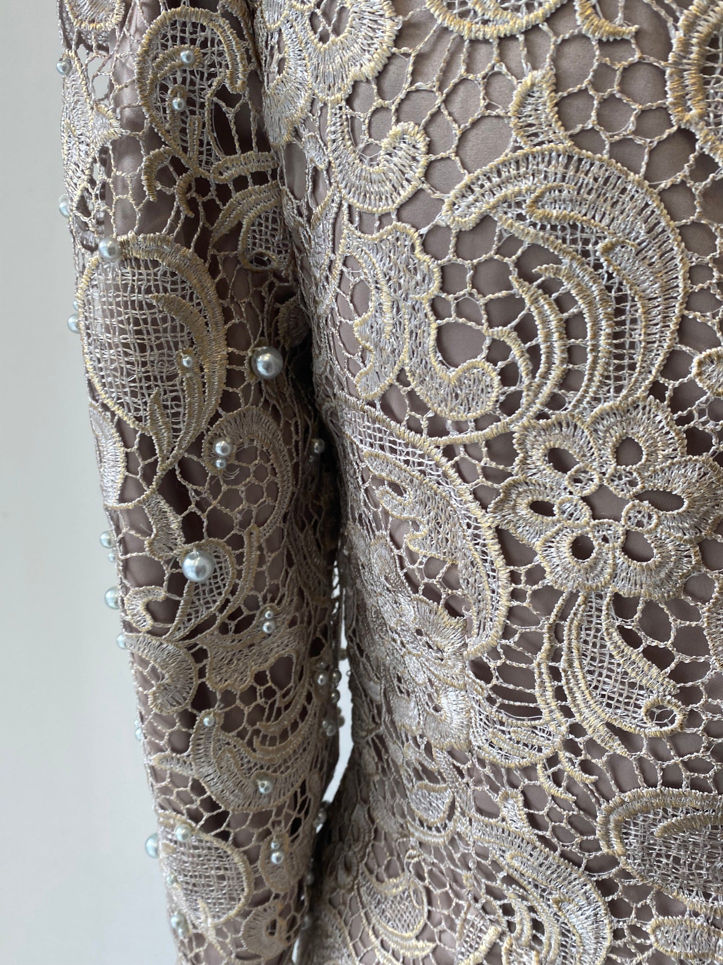 Monsoon Champagne Lace Dress with Pearl Beading Size 8