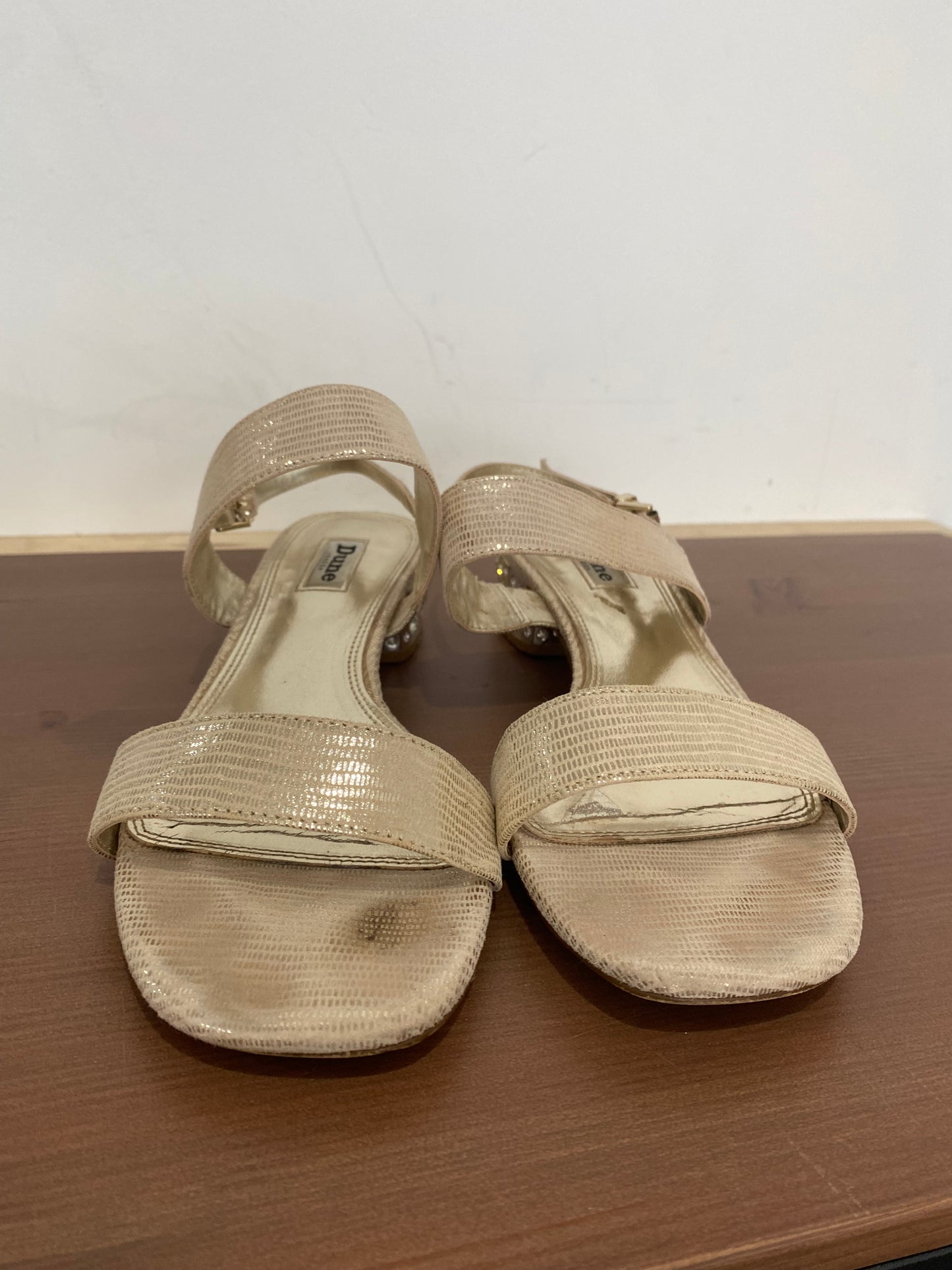Dune Gold Shimmer Ninah Sandals with Diamante Block Heels Size 6