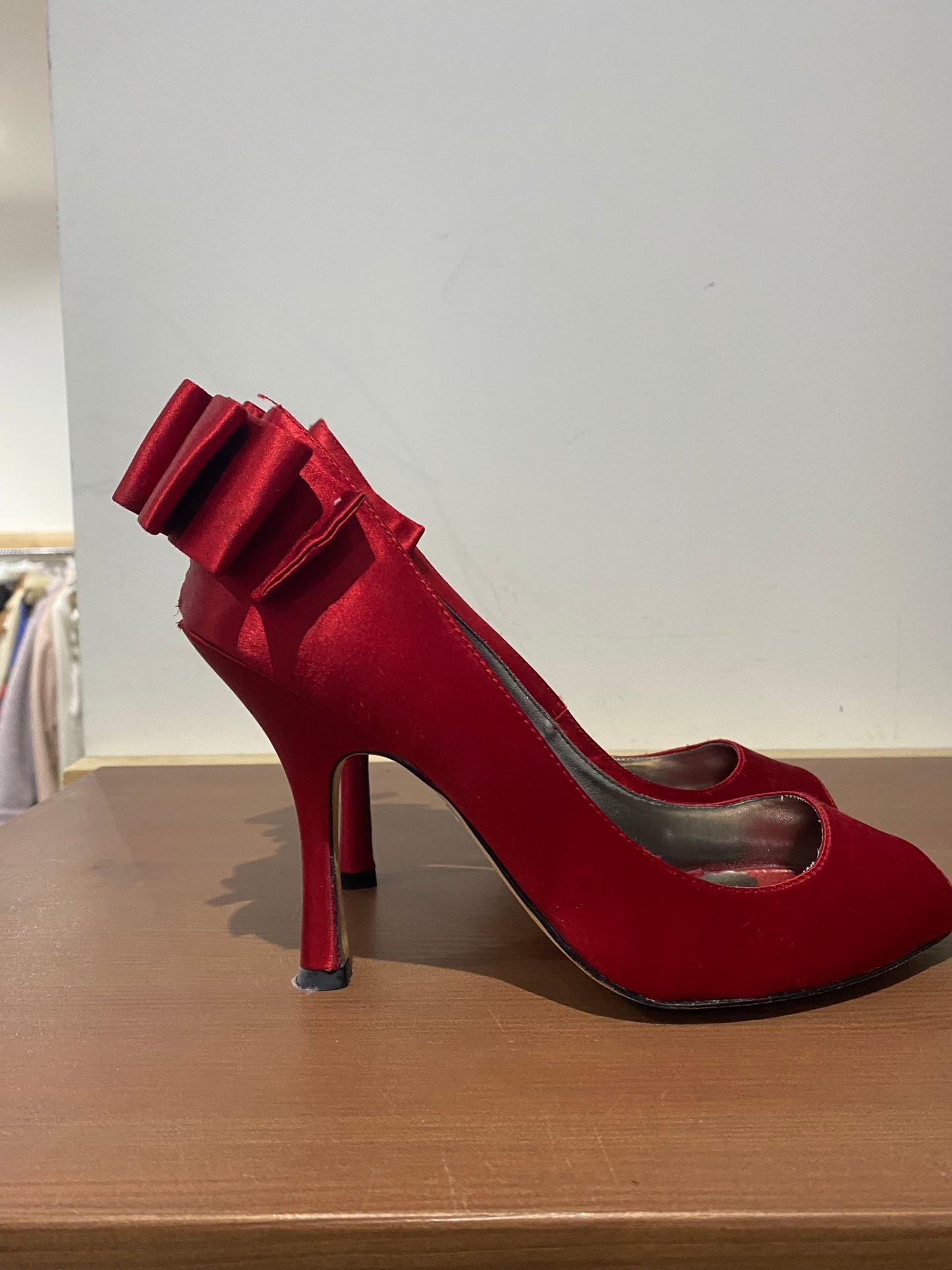 Coast Red Satin Heels with Bow Backs Size 6 with dustbag and box