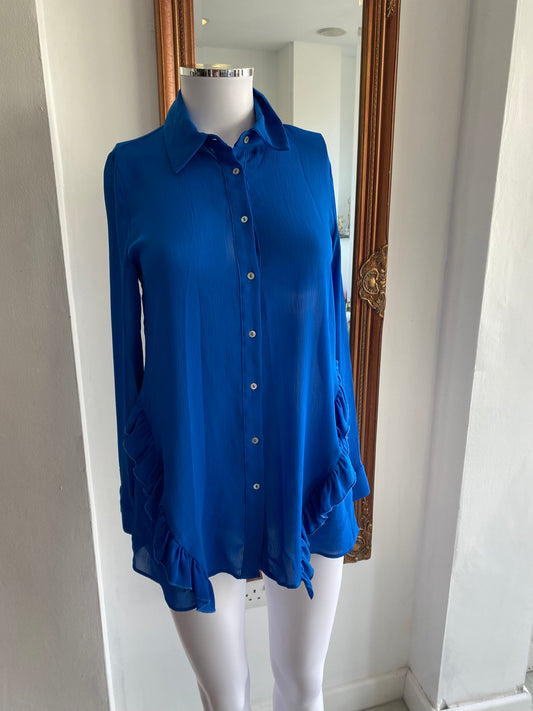 Zara Blue Ruffle Blouse Size XS 8-10