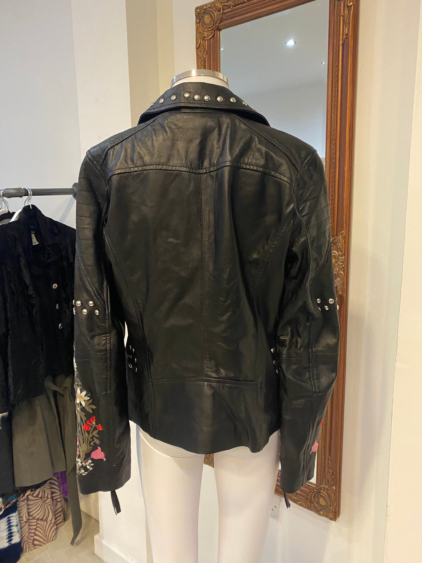 Rokoko Black Leather Jacket with Floral Embroidery and Studs Size 8-10 New with Tags