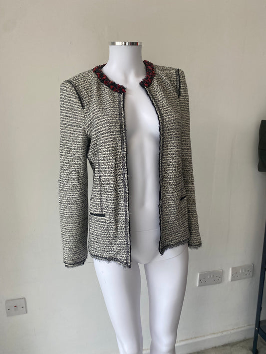 Zara Black and White Tweed Jacket with Red Beading Size Small 8-10