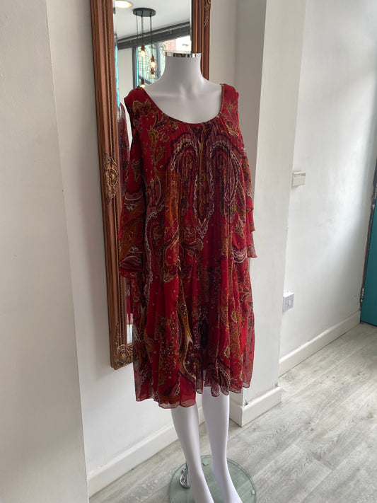 Niza Red Printed Cold Shoulder Floaty Dress Size 14