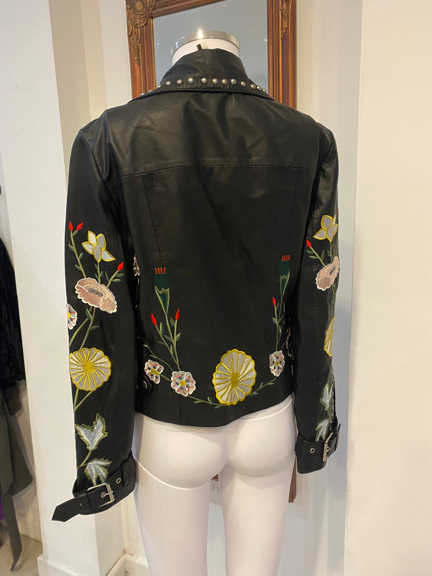 Topshop Black Leather Jacket with Floral Embroidery and Studs Size 8
