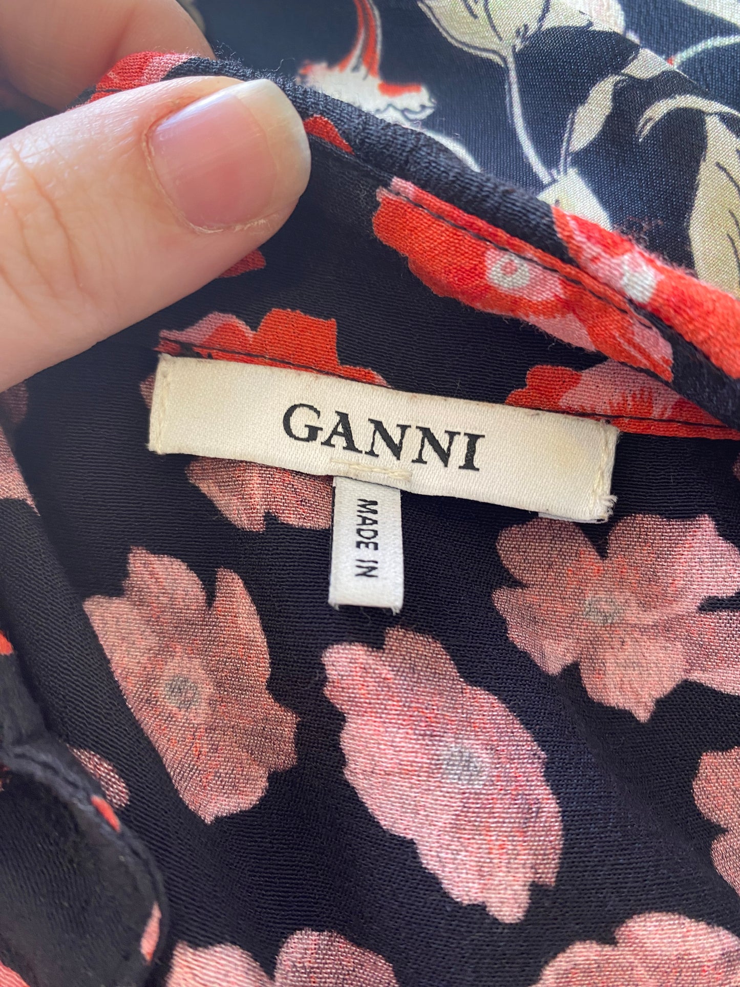 Ganni Black Dress with Red Floral Print Size 8-10