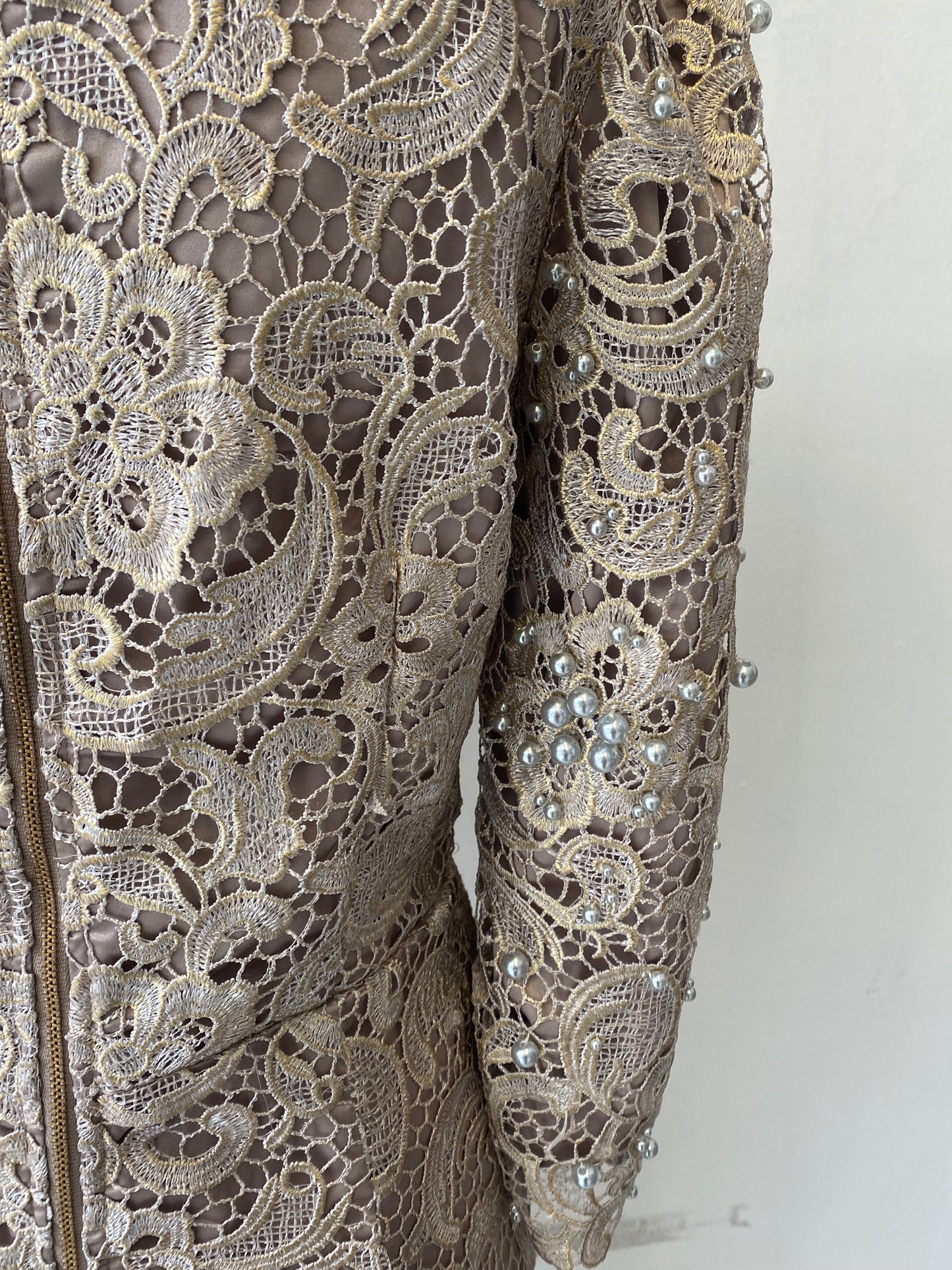 Monsoon Champagne Lace Dress with Pearl Beading Size 8