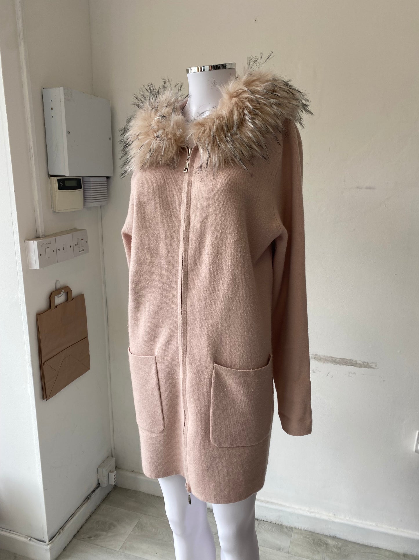 Rino and Pelle Blush Pink Coat Cardigan with Faux Fur Hood Size 12-14