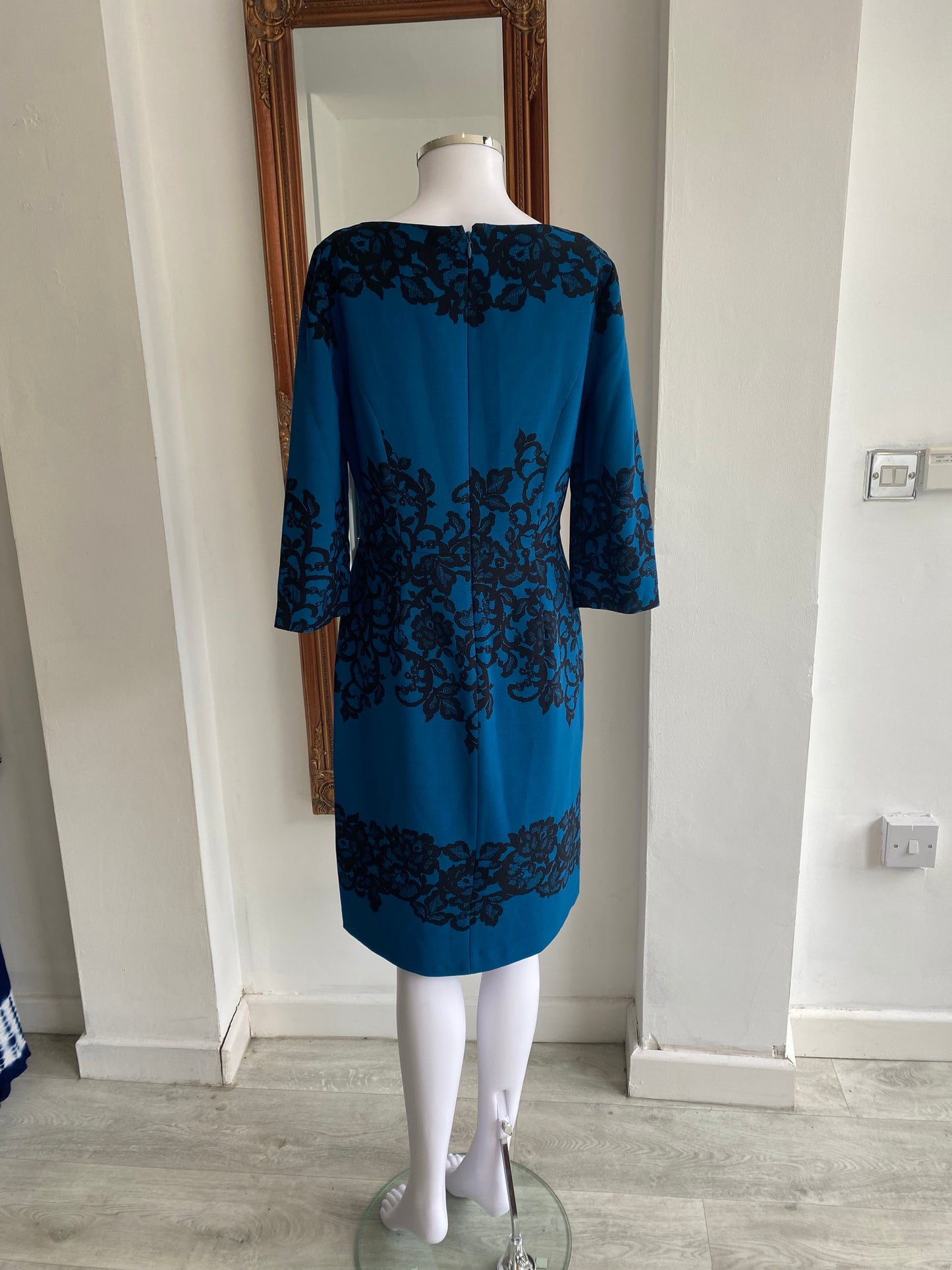 Adrianna Papell Blue Dress with black lace print size 12