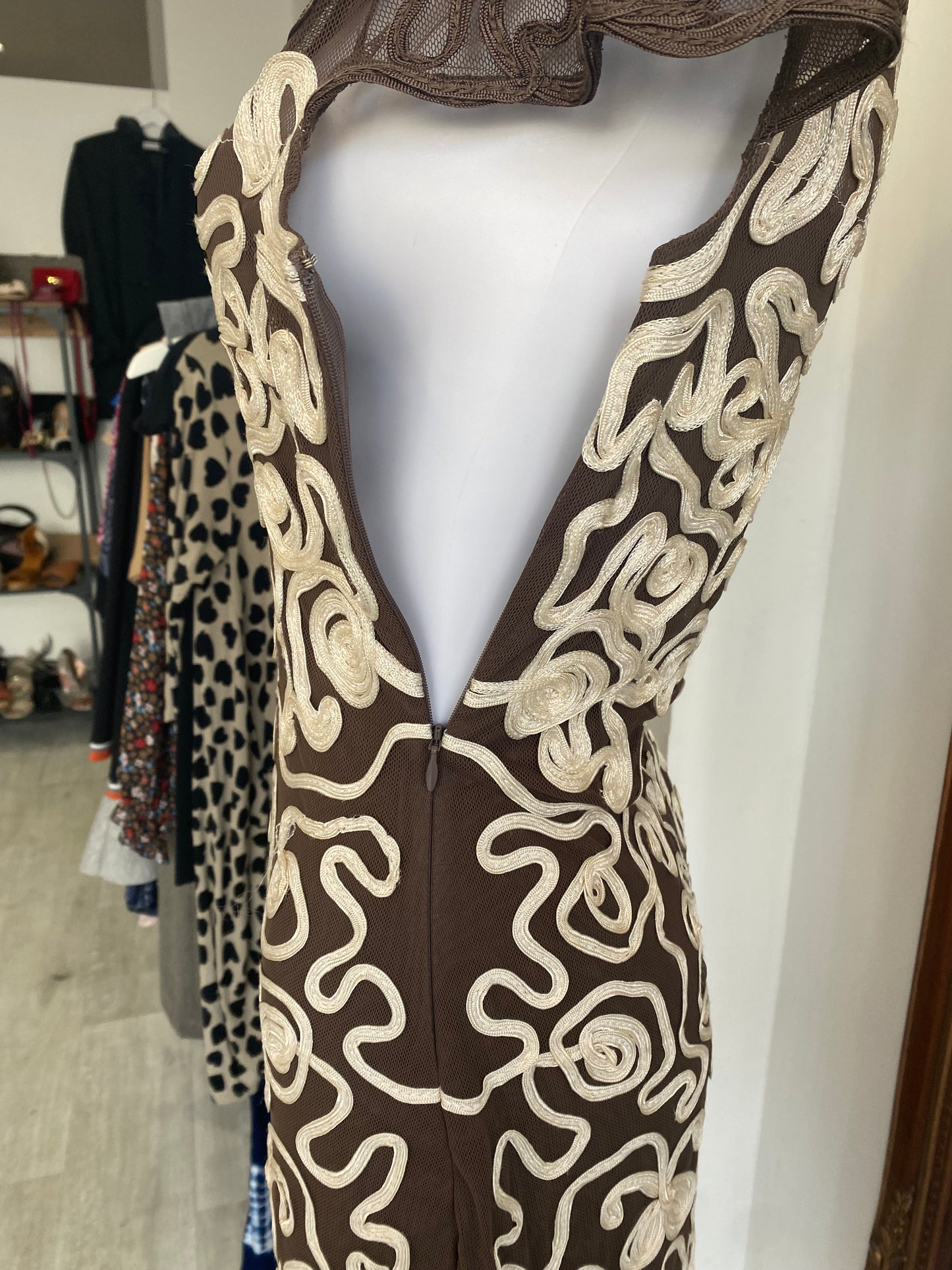 Phase Eight Brown and Cream Appliqué Dress Size 10