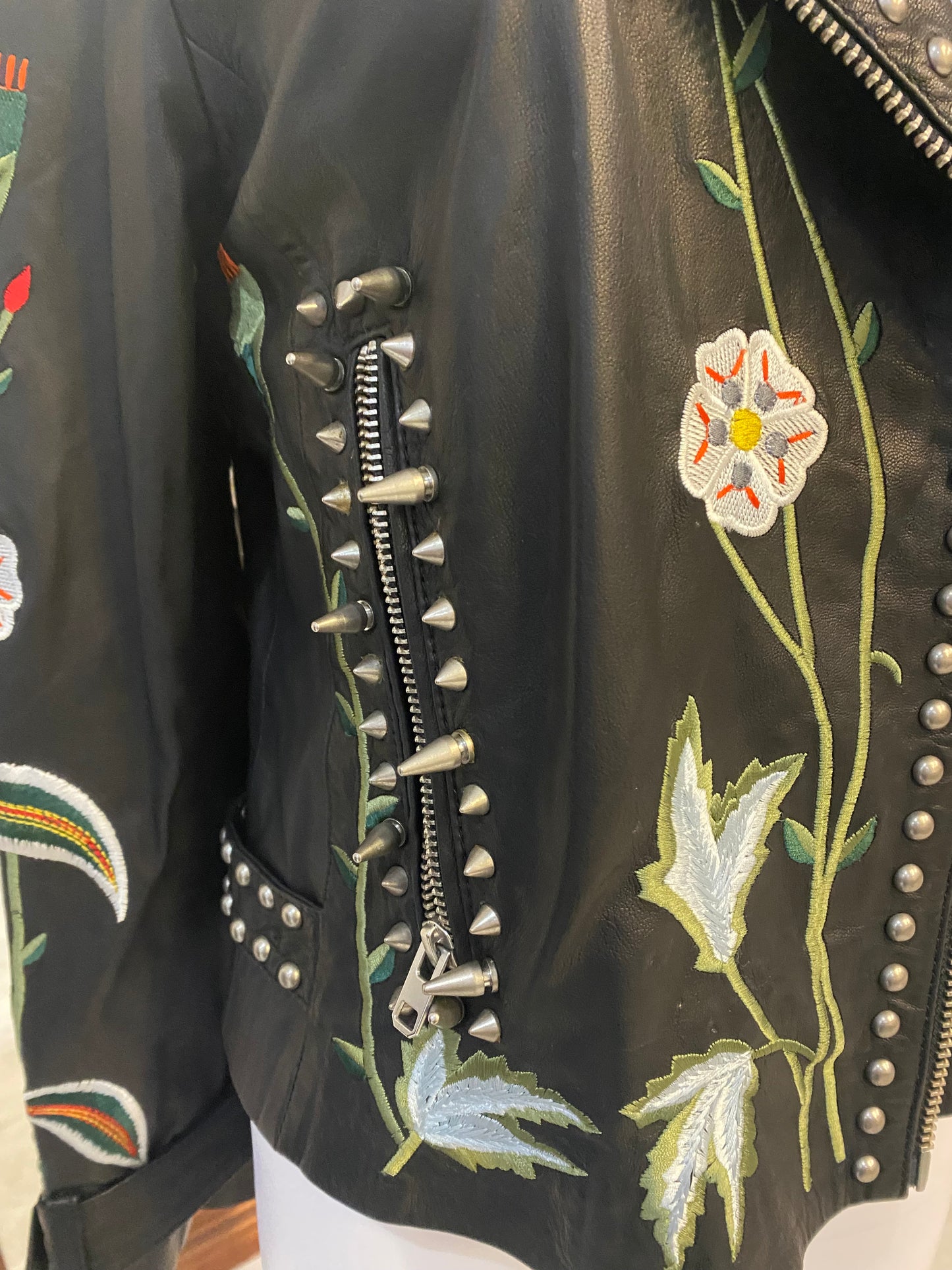 Topshop Black Leather Jacket with Floral Embroidery and Studs Size 8