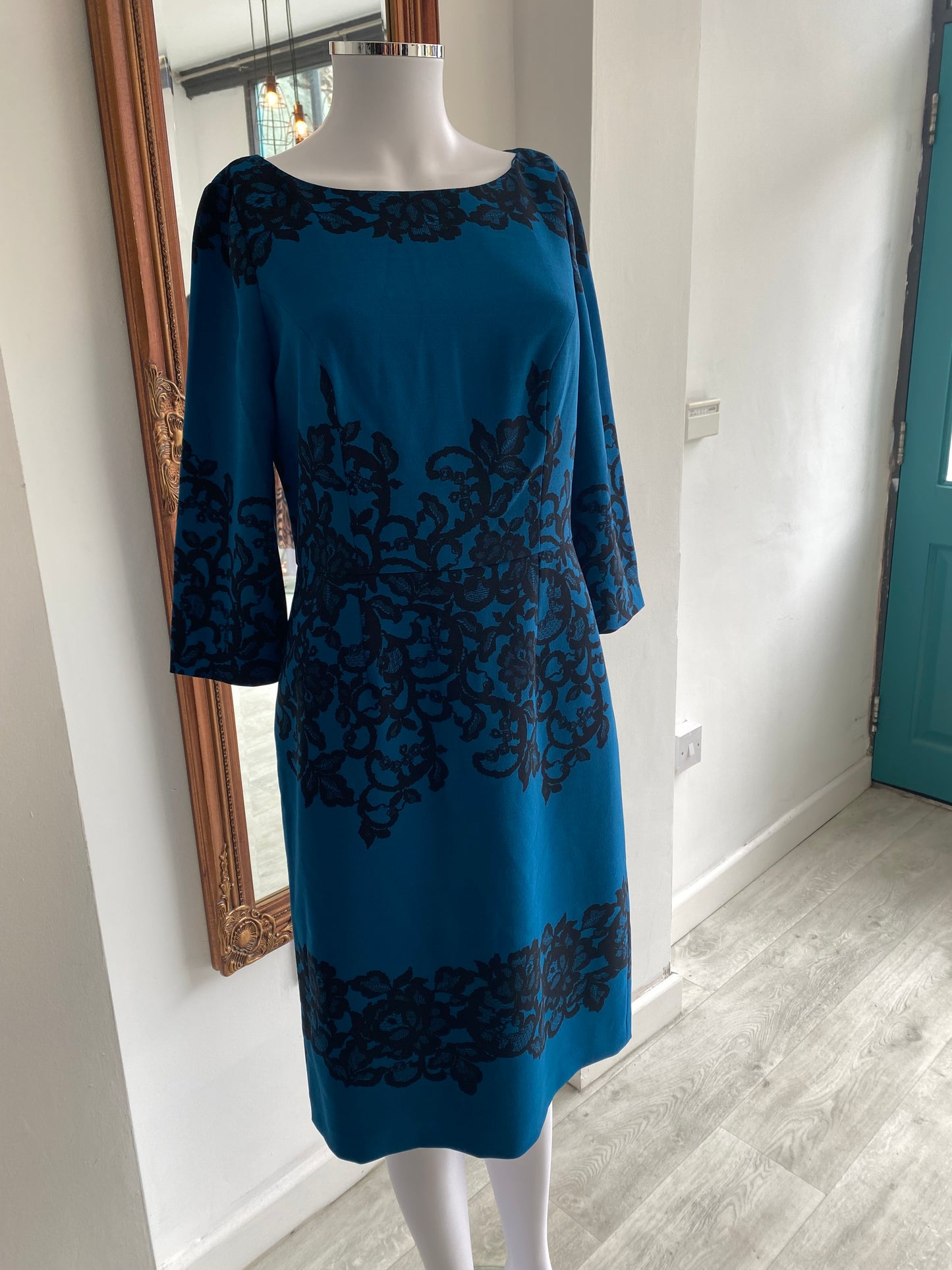 Adrianna Papell Blue Dress with black lace print size 12