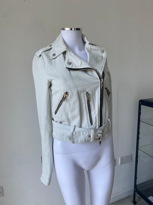 All Saints White Denim Biker Jacket Size 6