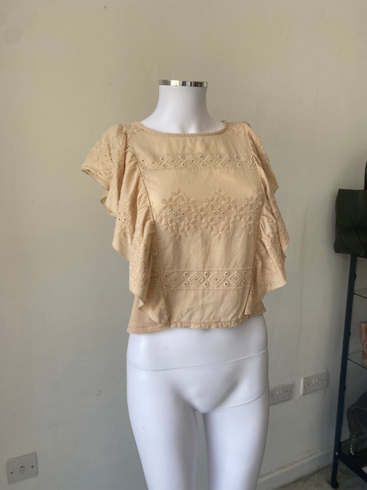 Zara Beige Broderie Anglaise T-Shirt Size Small 8-10
