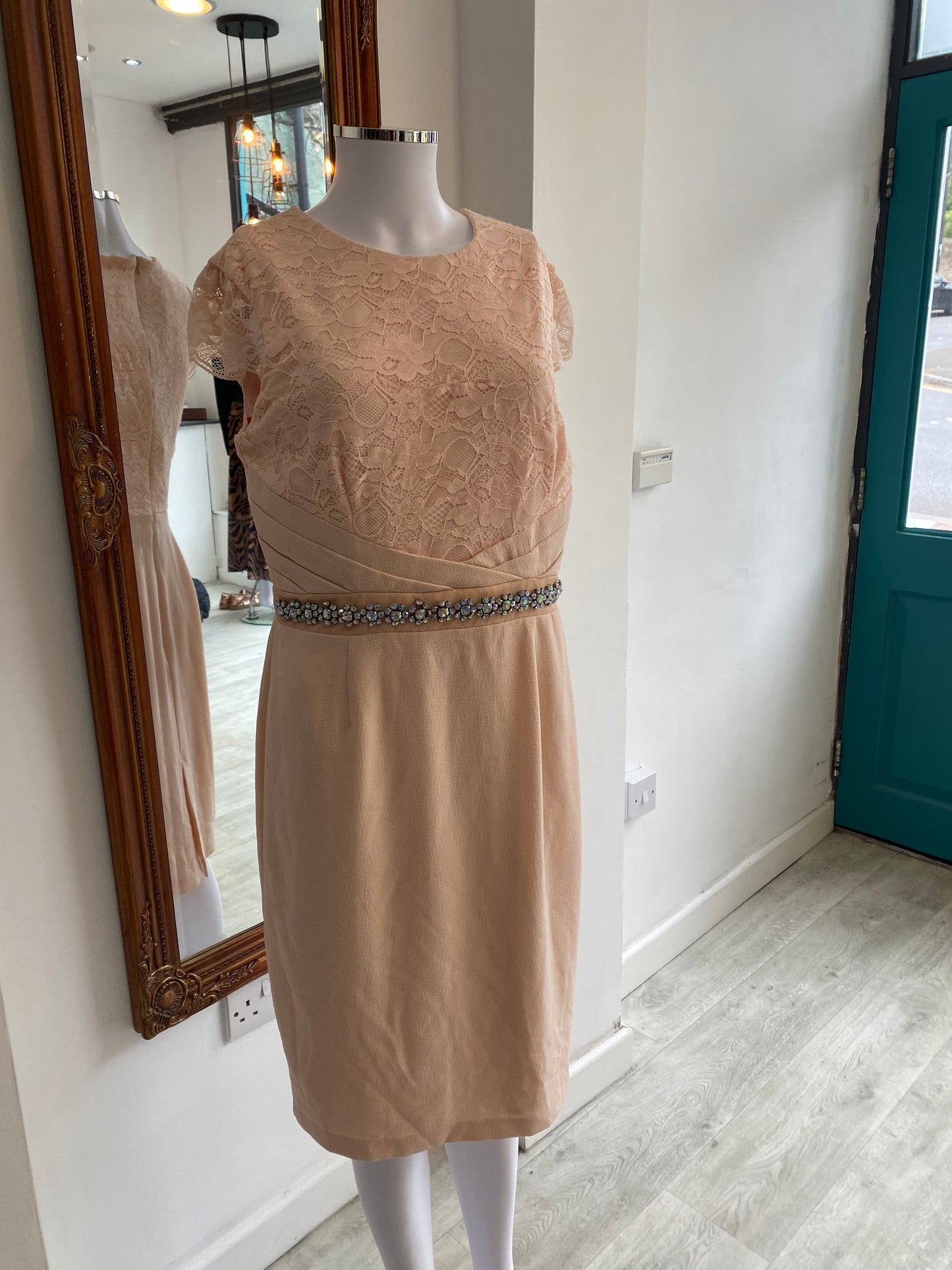 Little Black Dress Beige Lace Dress with Diamante Detail Size 14