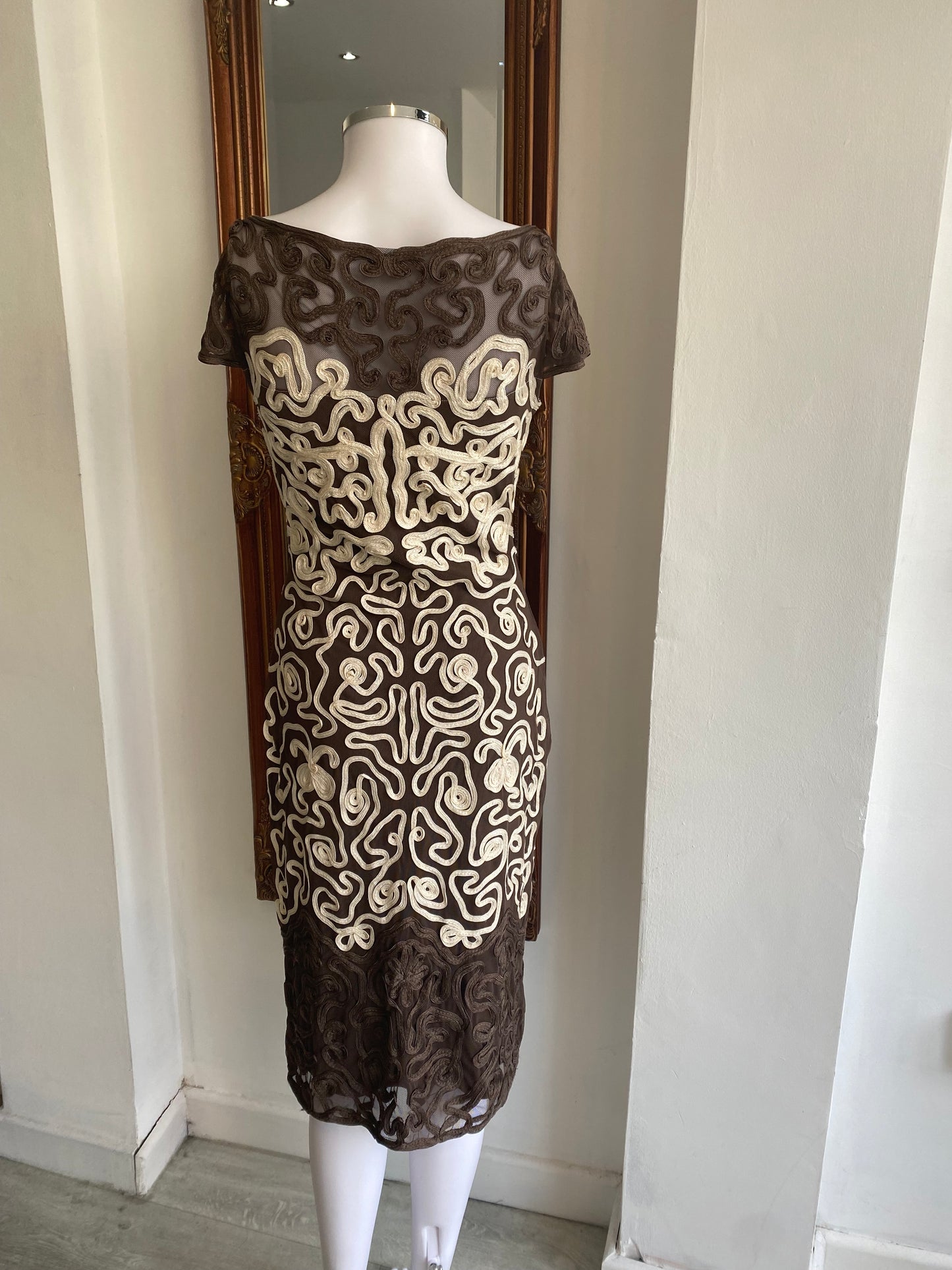Phase Eight Brown and Cream Appliqué Dress Size 10