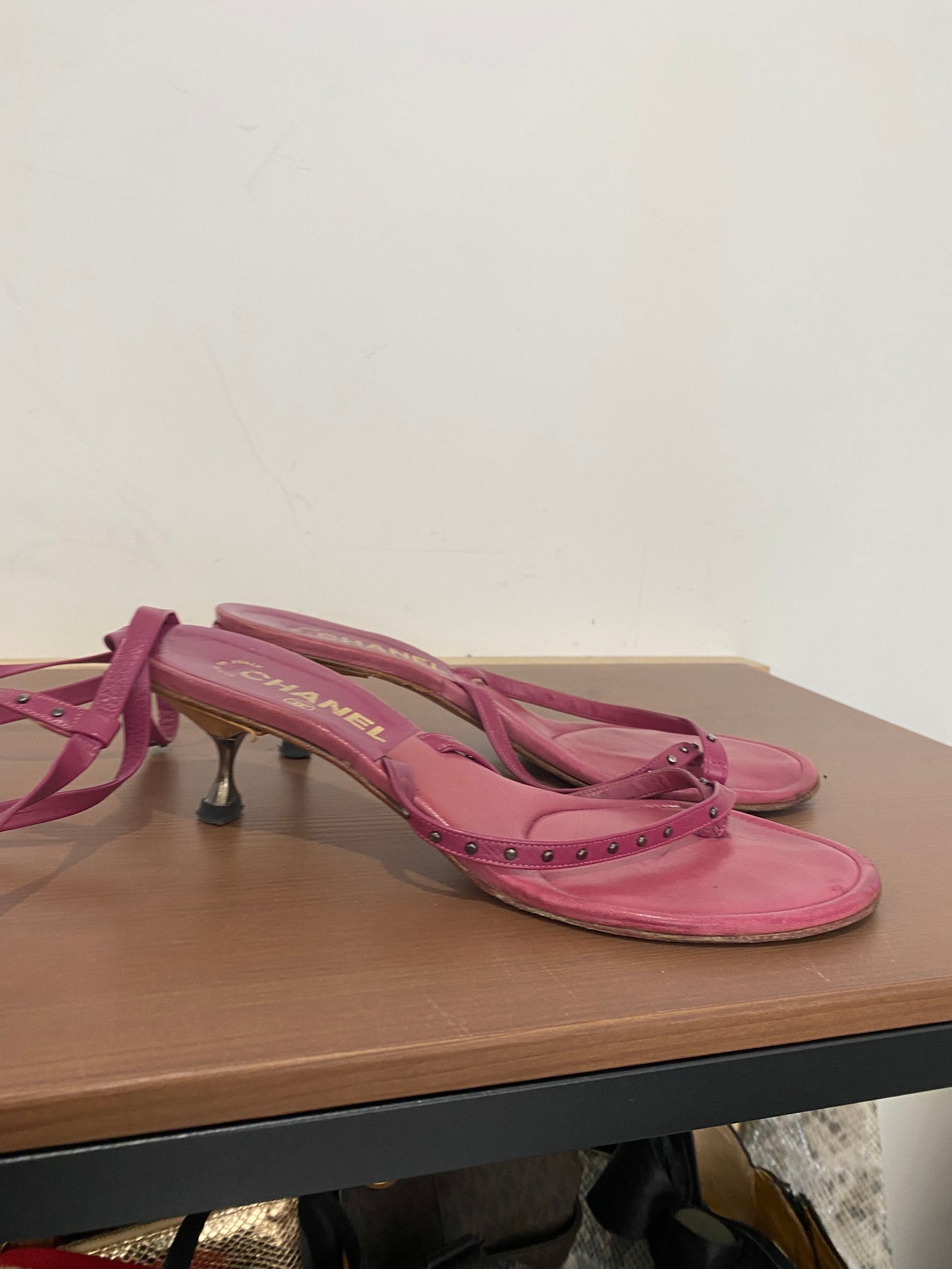 Chanel Pink Leather Sandals with Ankle Ties Size 6