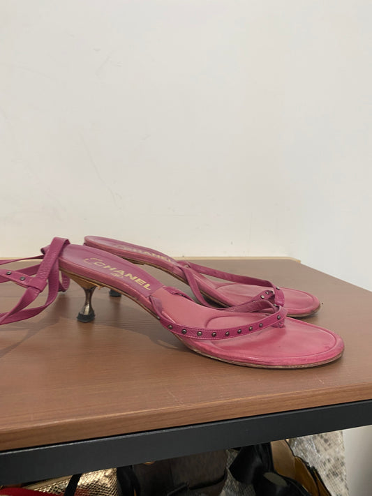 Chanel Pink Leather Sandals with Ankle Ties Size 6