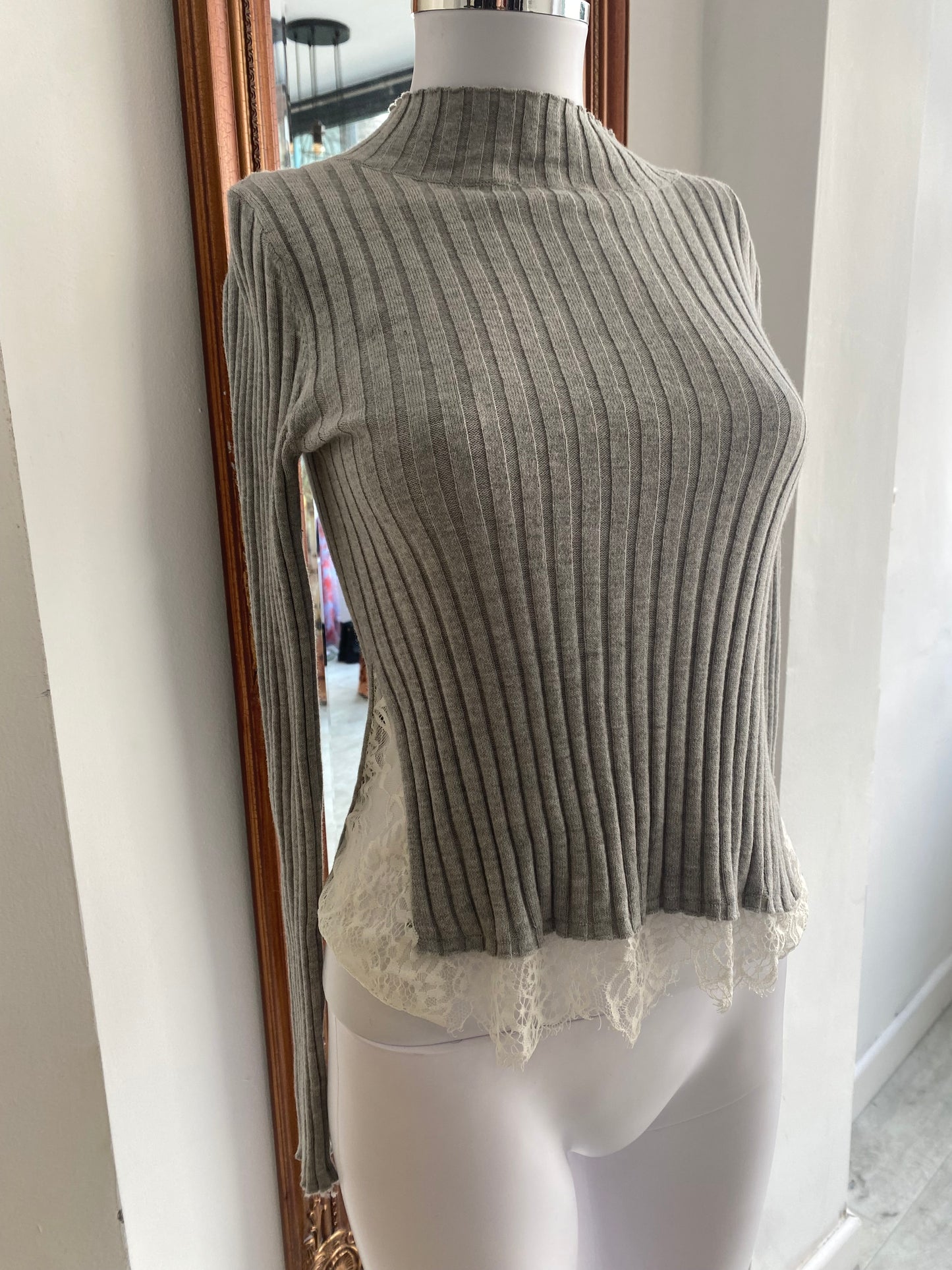 French Connection Grey top with lace size 8