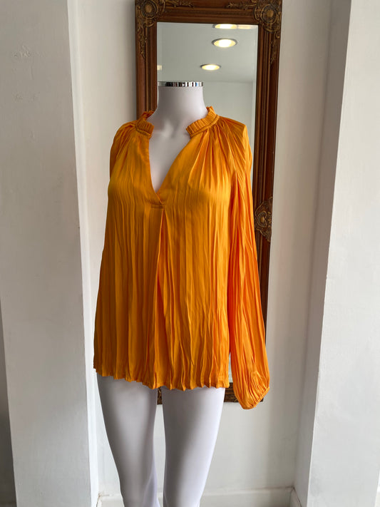 John Lewis Orange Pleated Blouse Size 8