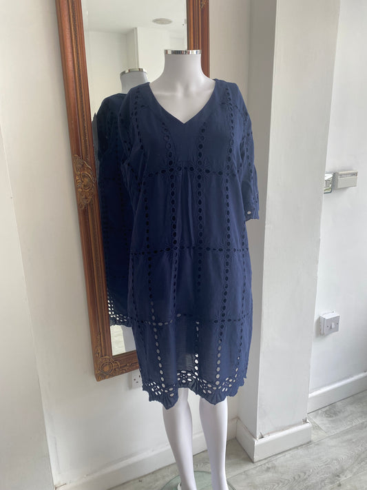 Pomodoro Cotton Dark Blue Broderie Anglaise Dress Size 14