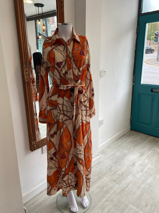 L’Olive Verte Orange Belt Print Dress Size 8-10