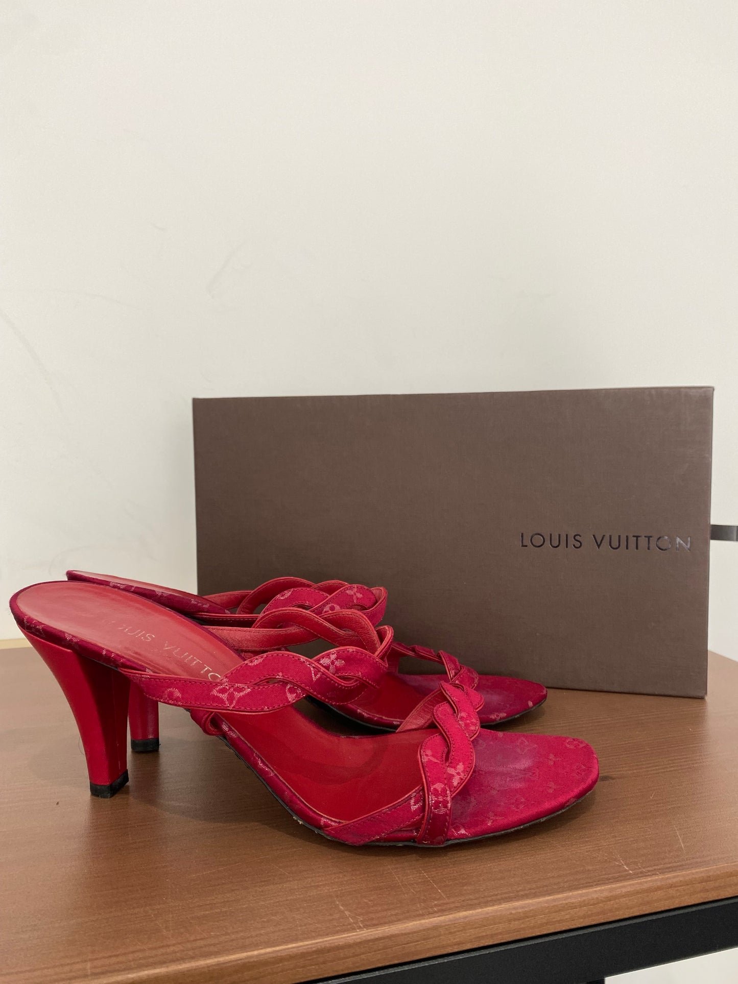 Louis Vuitton Dark Red Monogram Heeled Sandals Size 6 with Dust Bag and Box