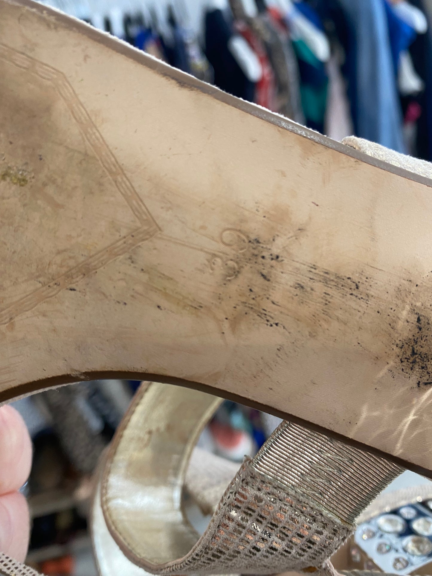 Dune Gold Shimmer Ninah Sandals with Diamante Block Heels Size 6