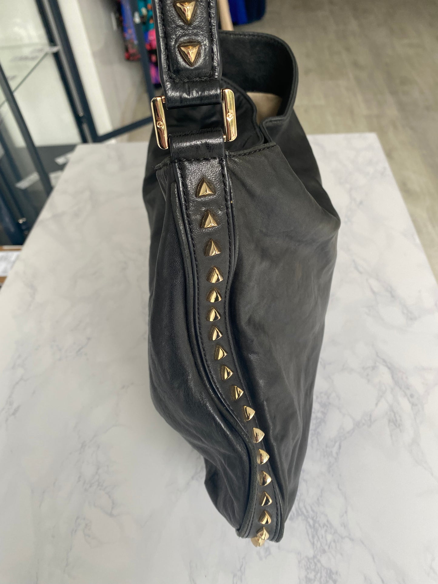 Tory Burch Black Leather Studded Hobo Handbag