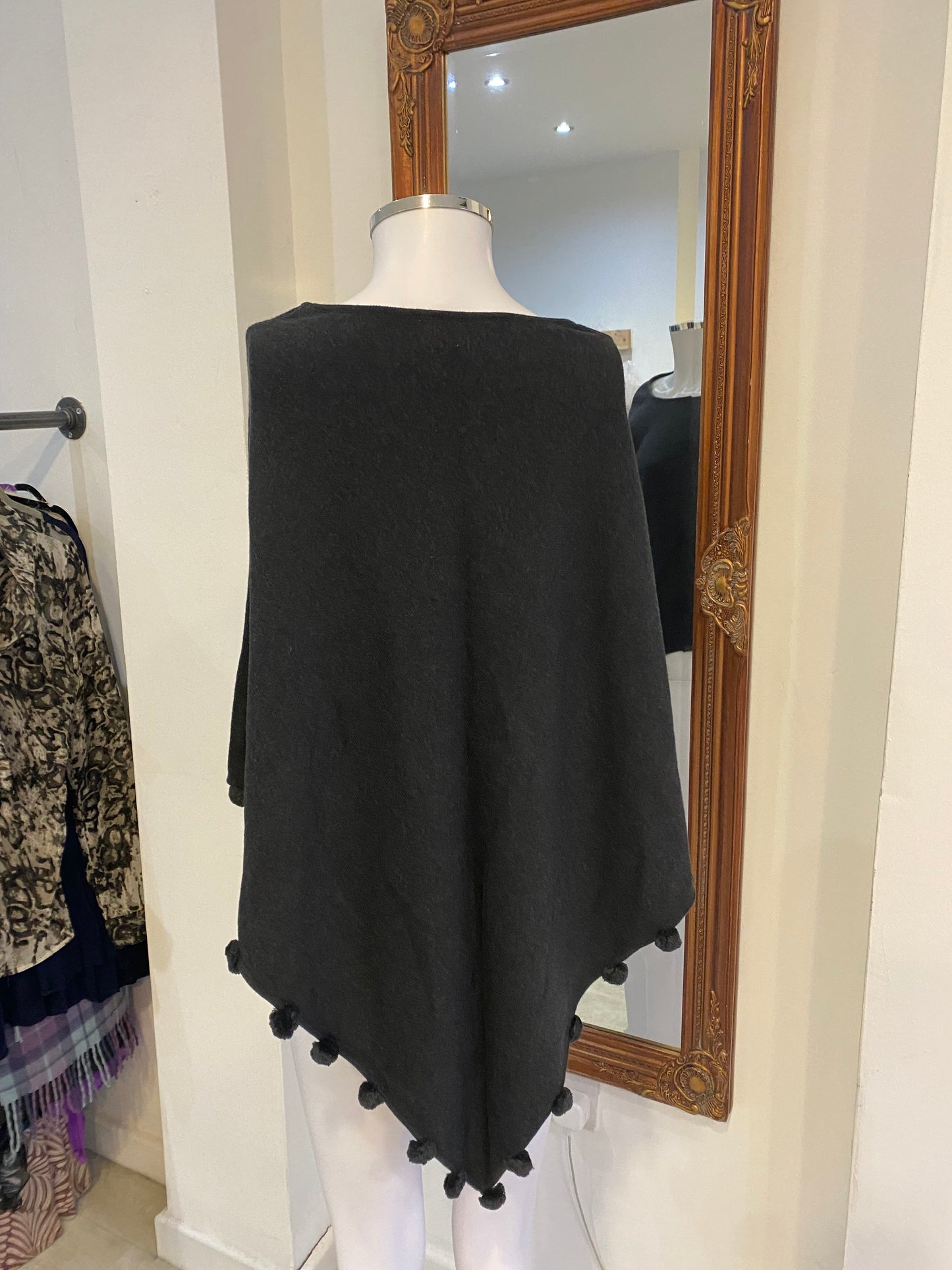 Saskia Dark Grey Knit Cape with Pom Pom Trim One Size