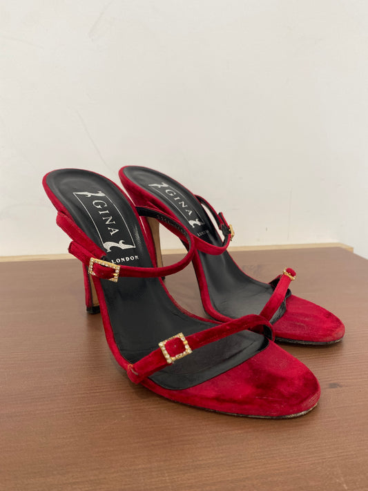 Gina Red Velvet Heeled Sandals Size 6.5