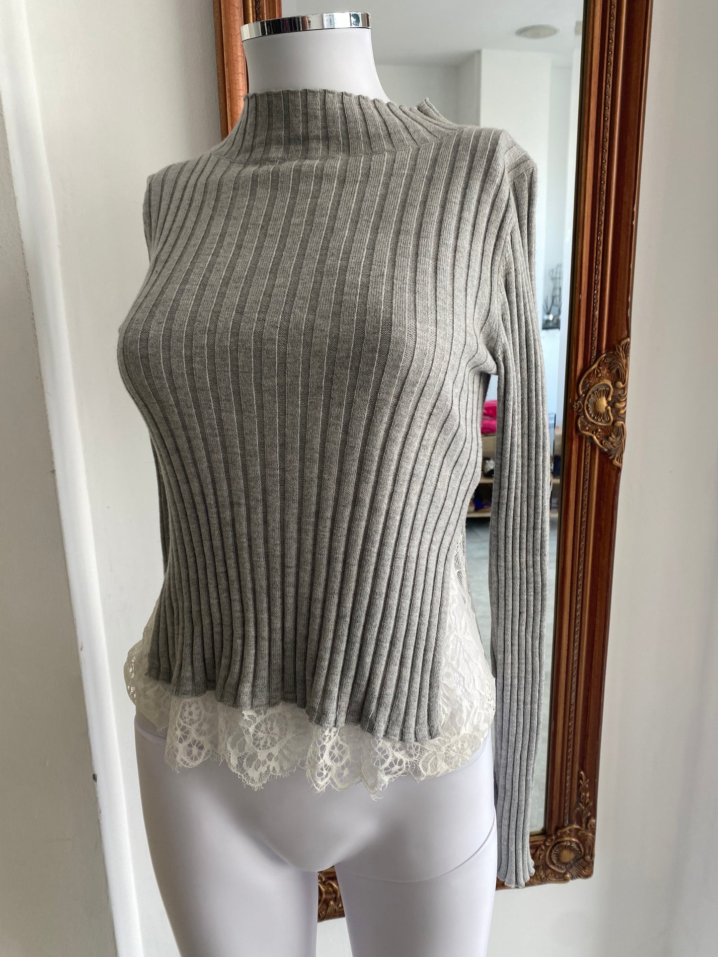 French Connection Grey top with lace size 8
