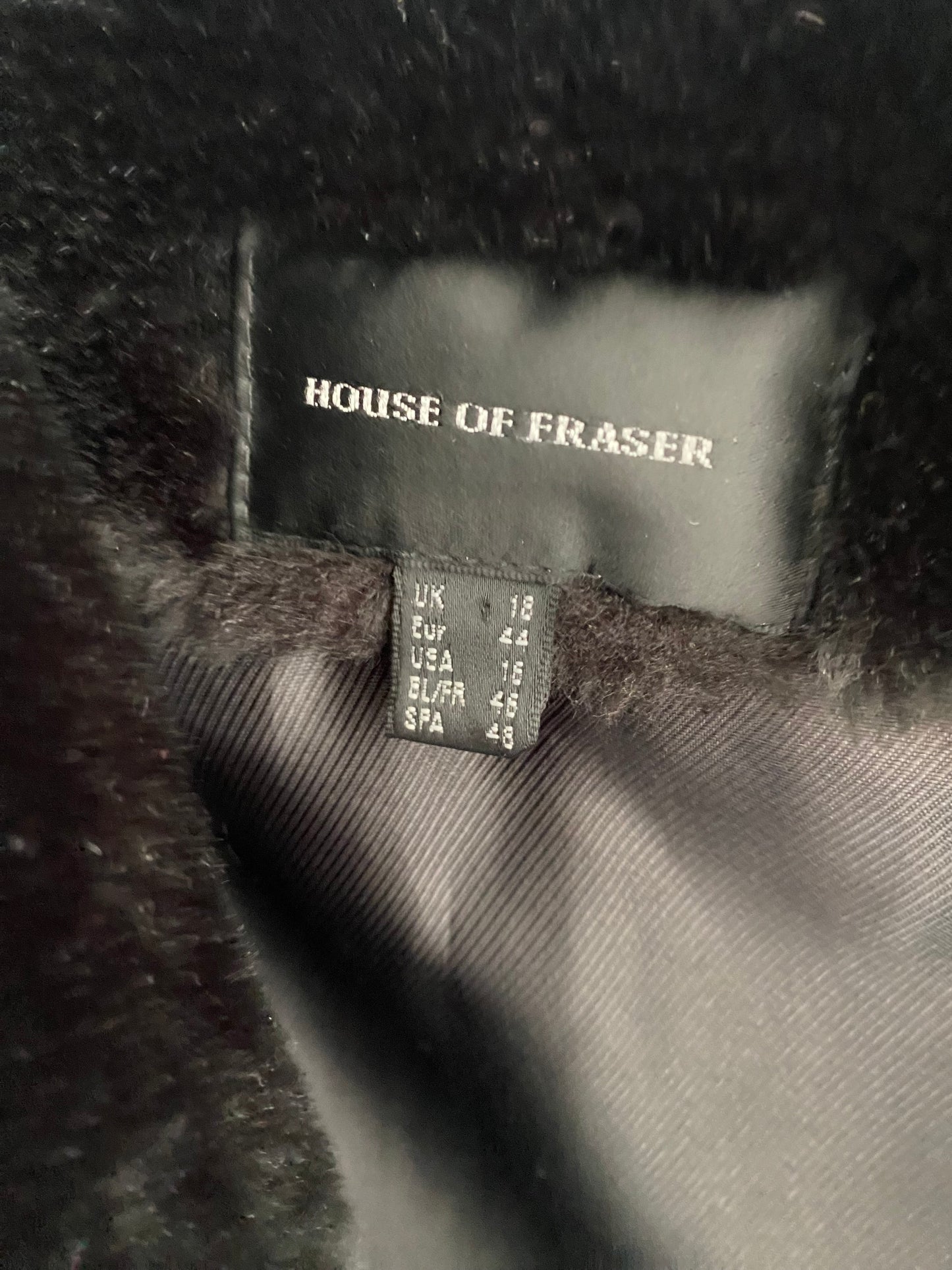 House of Fraser black faux fur coat size 18