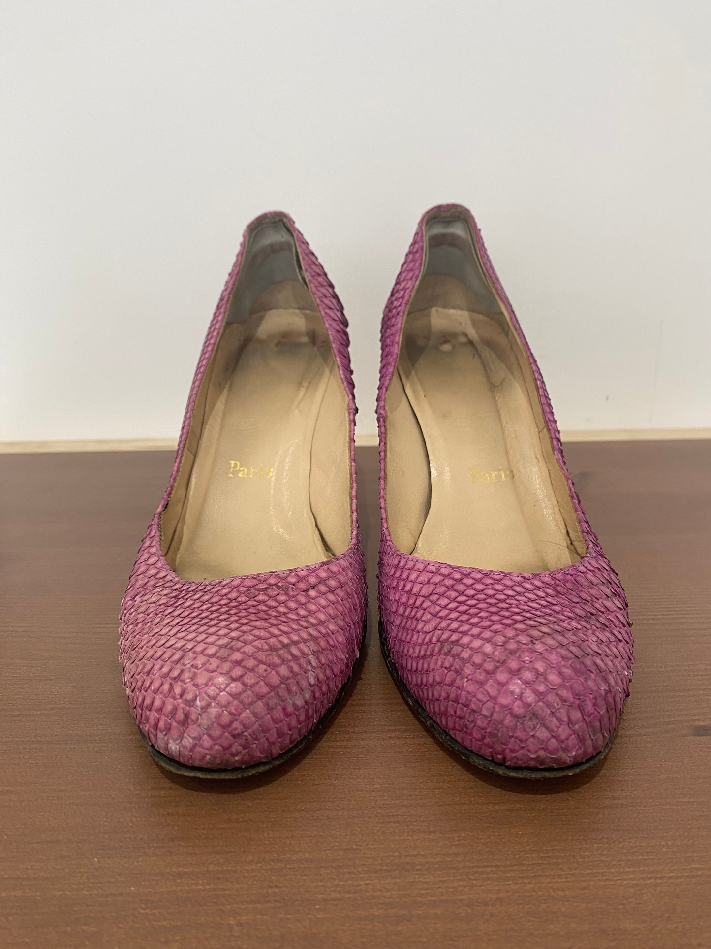 Christian Louboutin Pink Snake Affect Round Toe Heels Size 5.5
