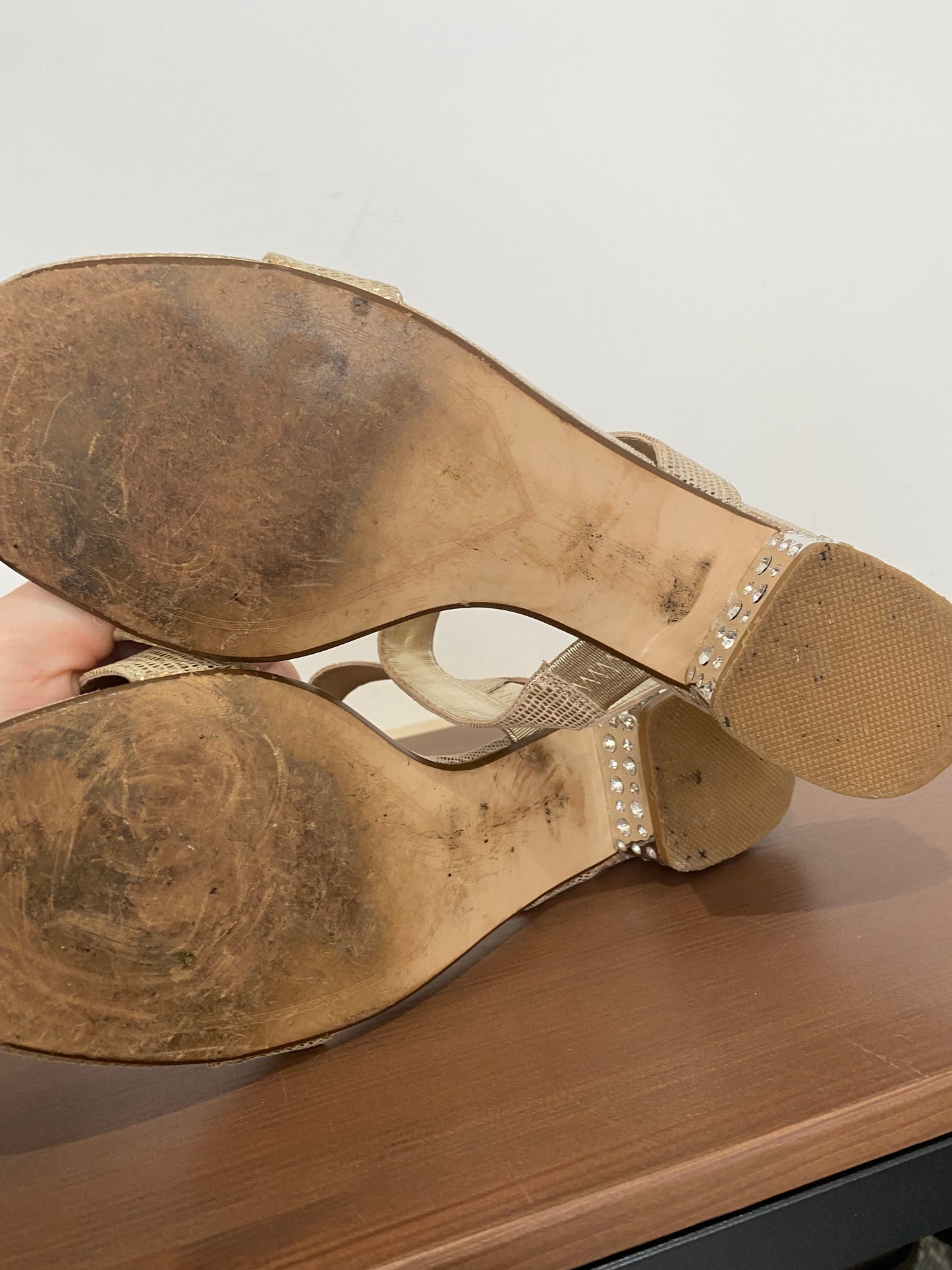 Dune Gold Shimmer Ninah Sandals with Diamante Block Heels Size 6