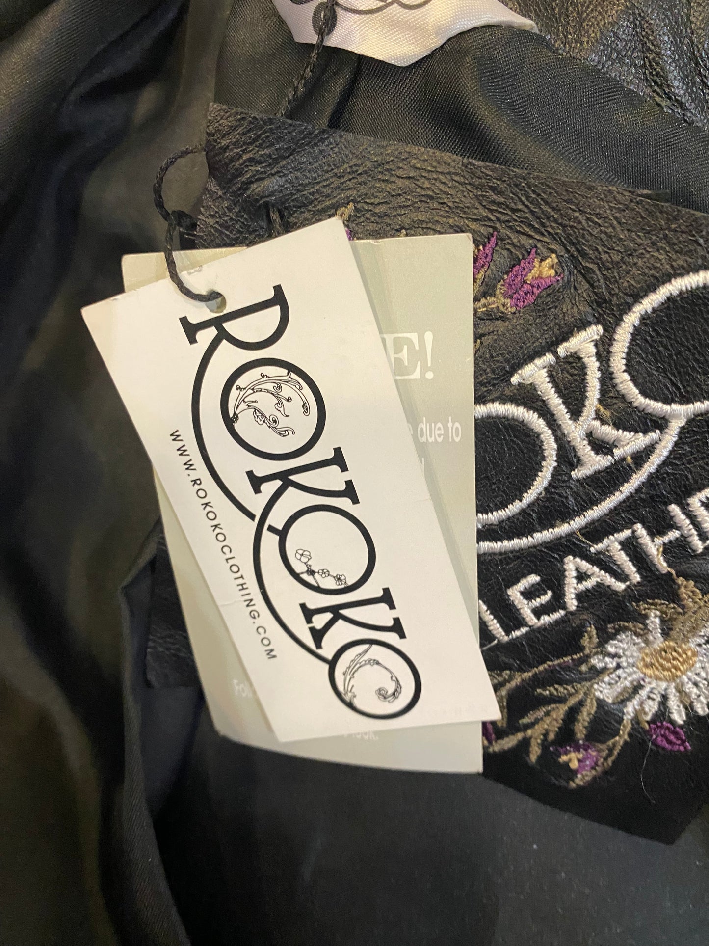 Rokoko Black Leather Jacket with Floral Embroidery and Studs Size 8-10 New with Tags
