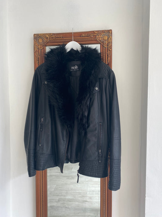 Wallis Leather Jacket with removable fur trim Size 18