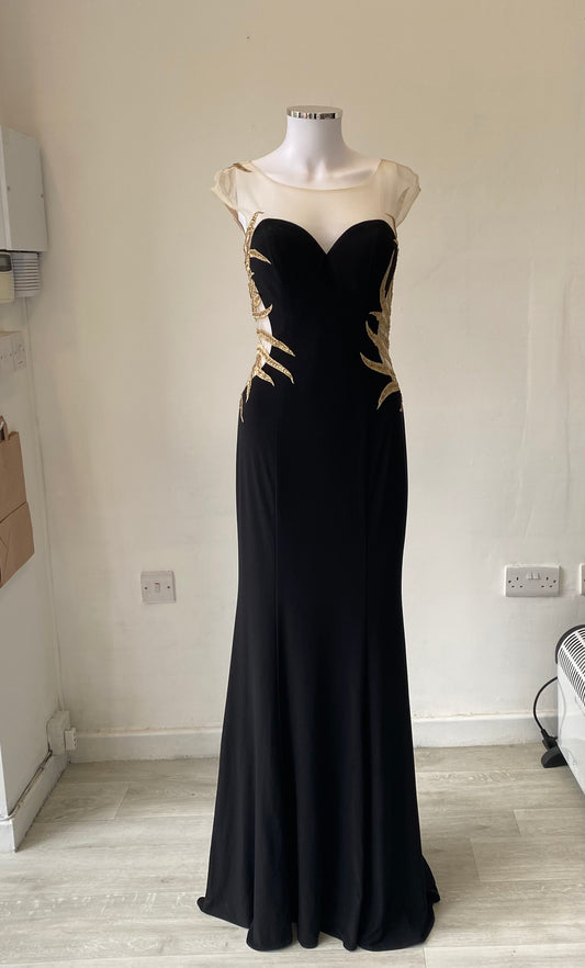 Black Full Length Gown with Gold Design at back Prom Dress Size 6-8