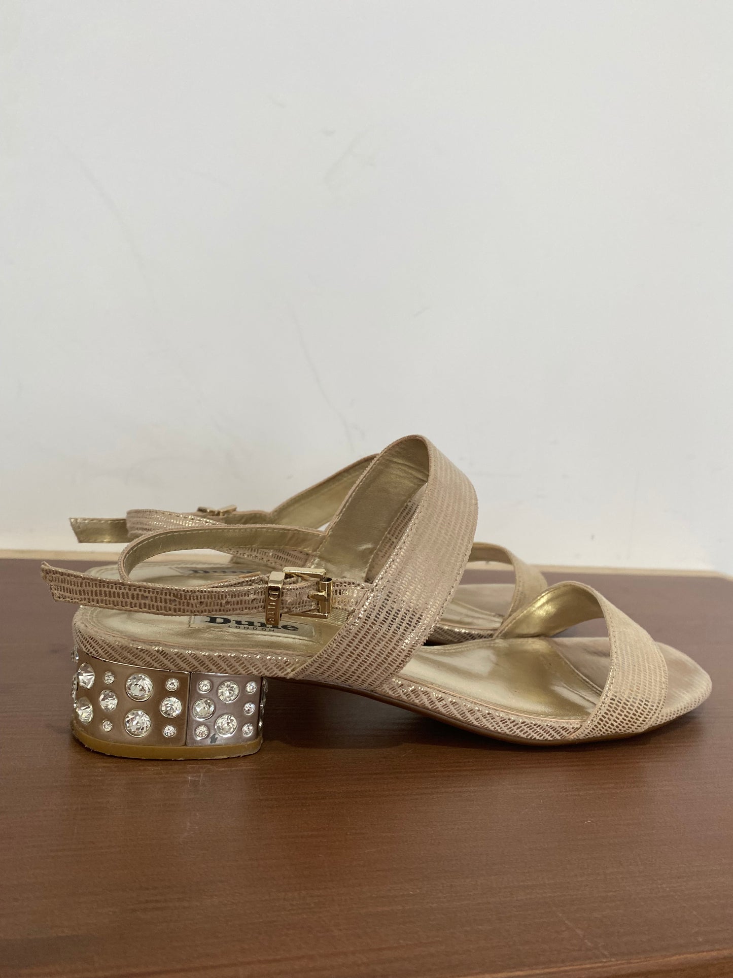 Dune Gold Shimmer Ninah Sandals with Diamante Block Heels Size 6