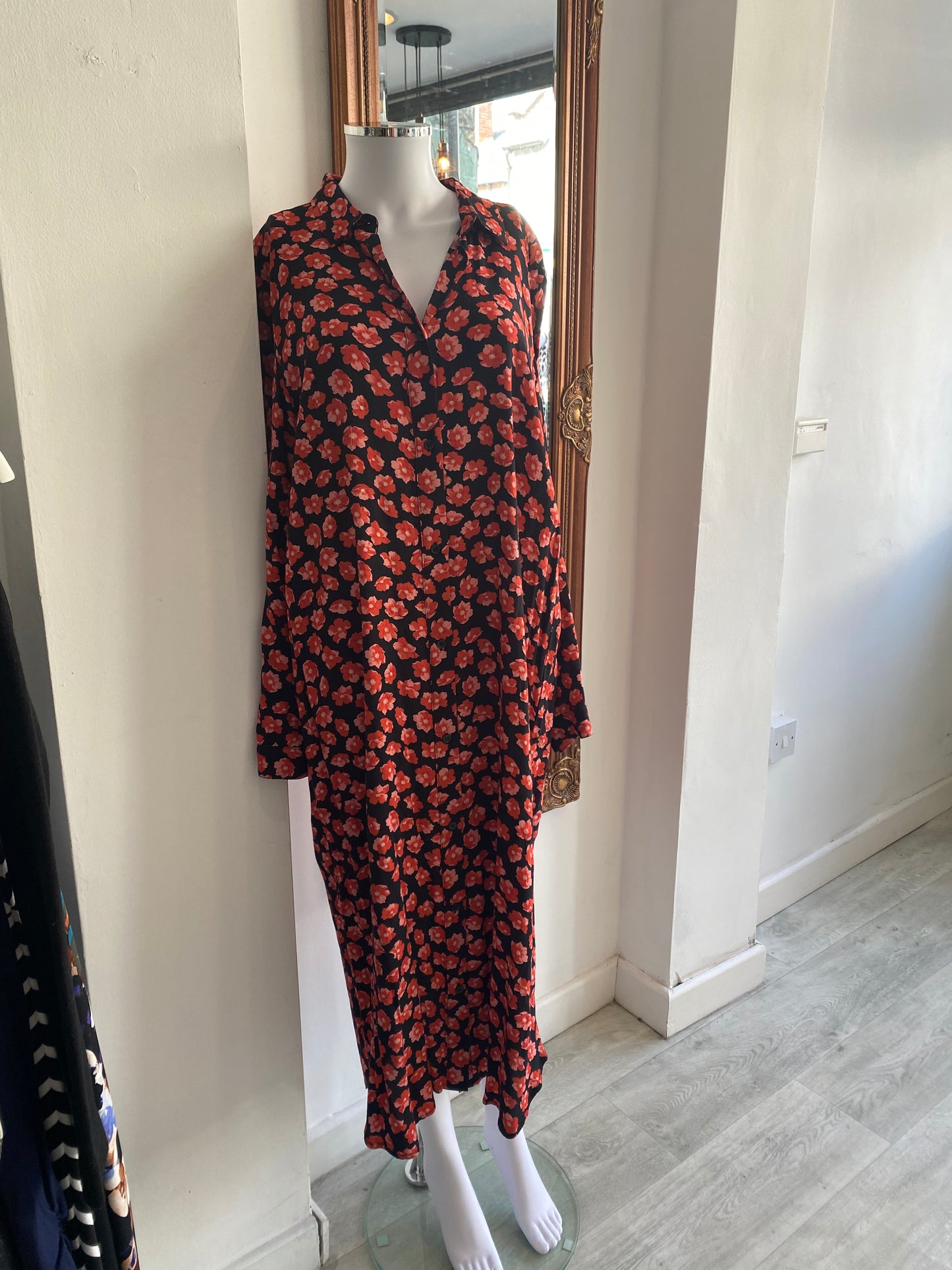 Ganni Black Dress with Red Floral Print Size 8-10